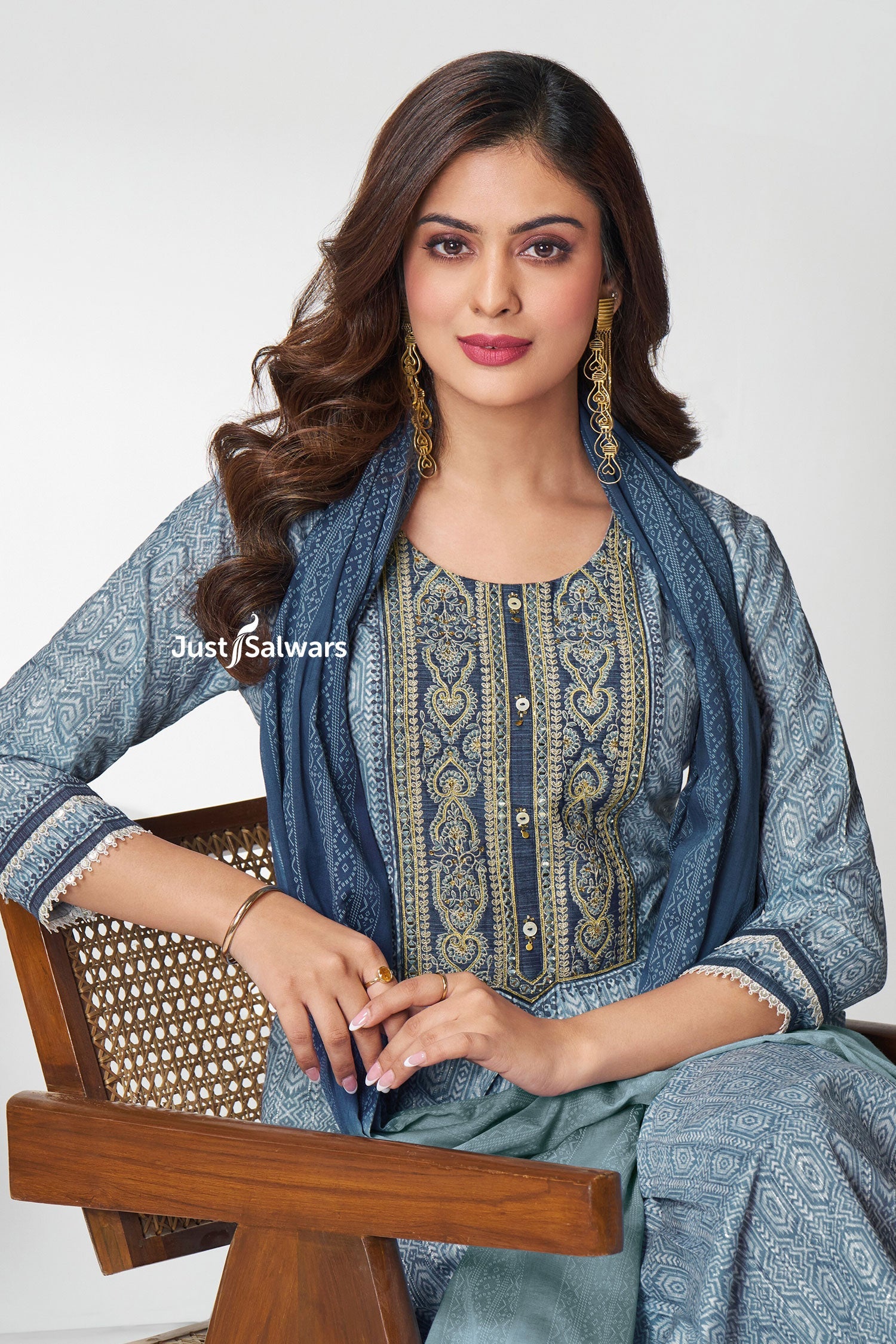 Blue Cotton Printed Straight - Cut Suit Set - Salwar Suit - Just Salwars