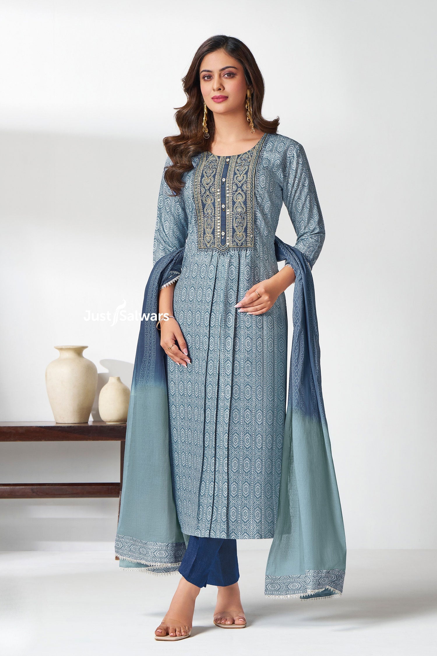 Blue Cotton Printed Straight - Cut Suit Set - Salwar Suit - Just Salwars