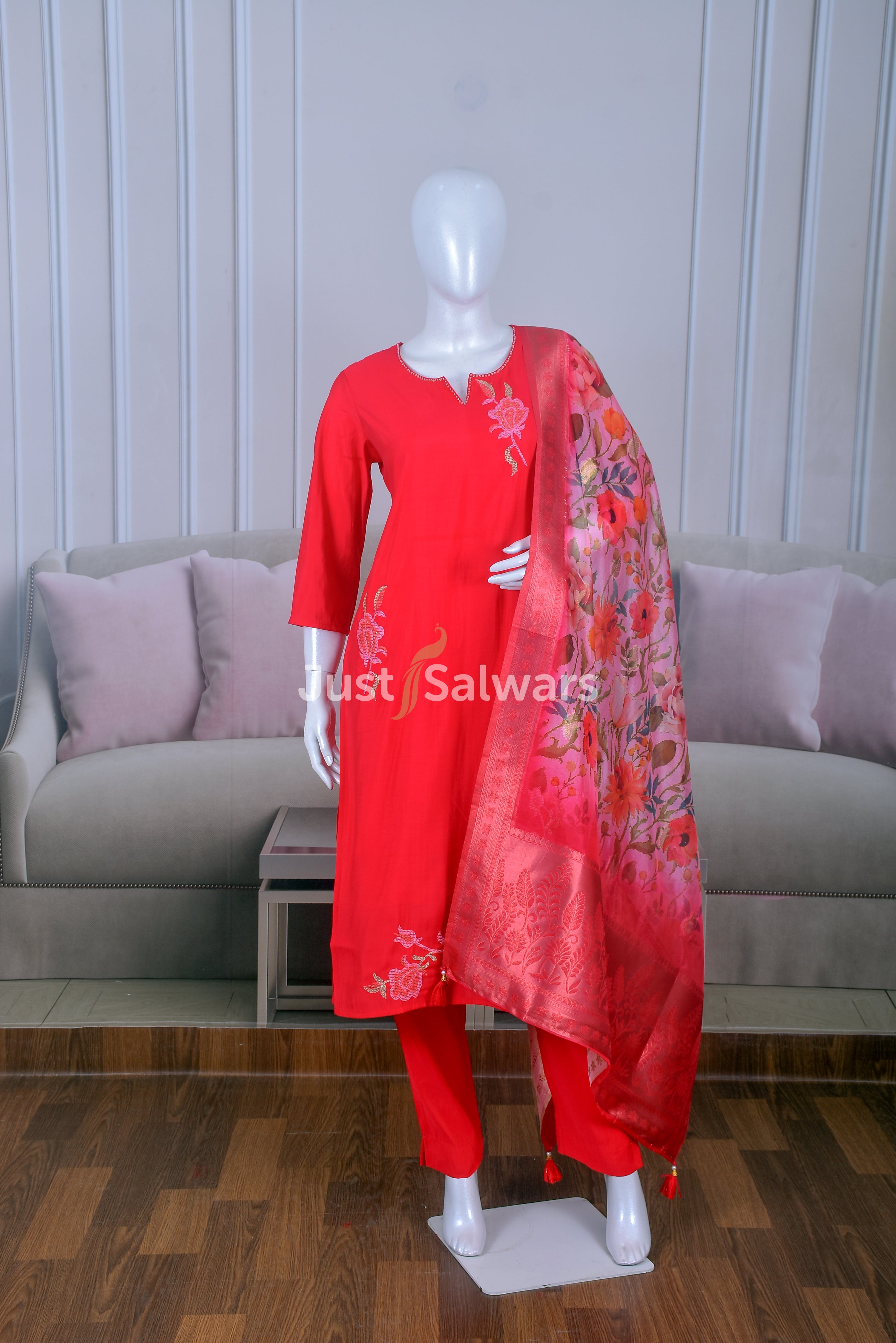 Cotton Kurta with Embroidery and Floral Printed Dupatta - Salwar Suit - Just Salwars