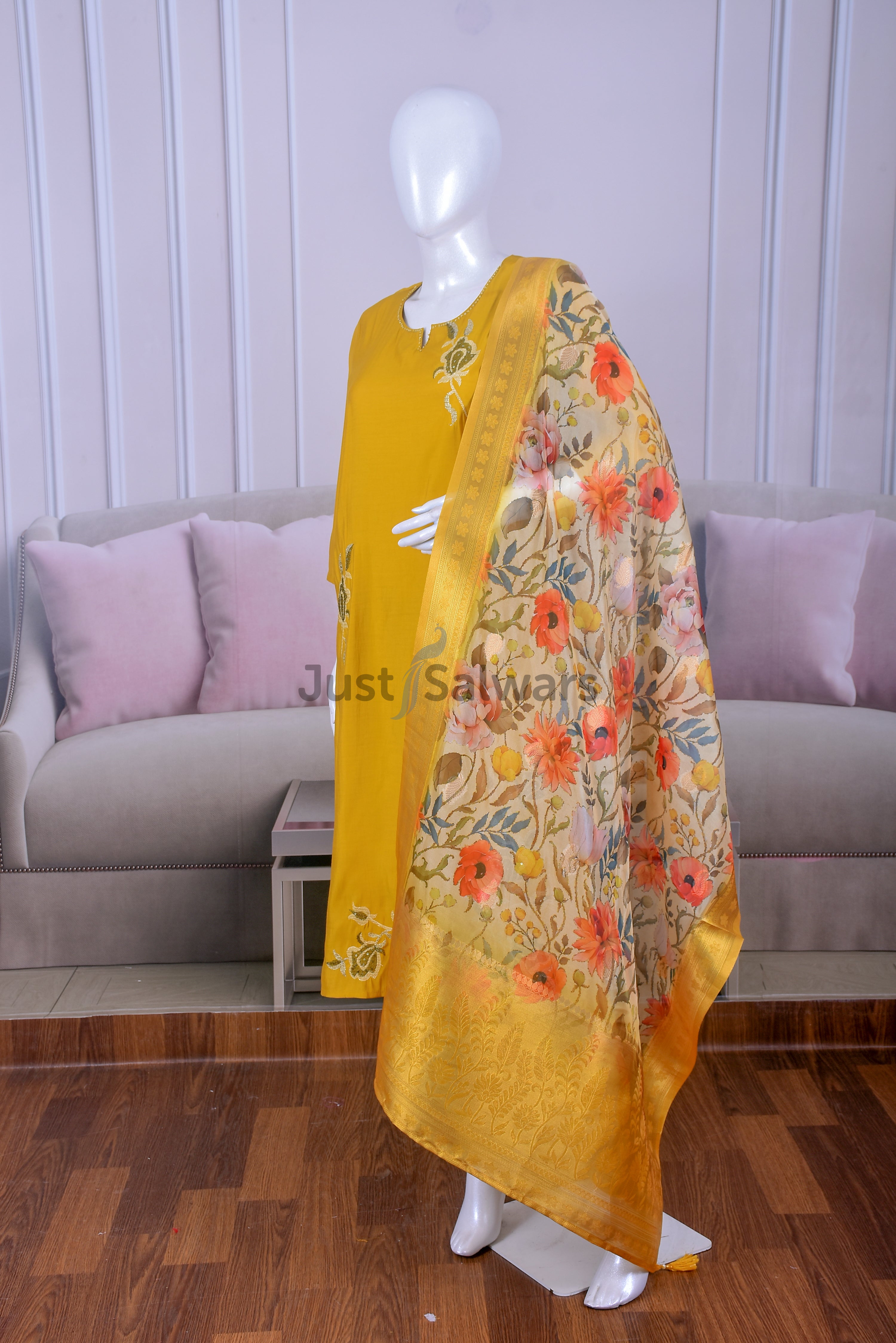 Cotton Kurta with Embroidery and Floral Printed Dupatta - Salwar Suit - Just Salwars