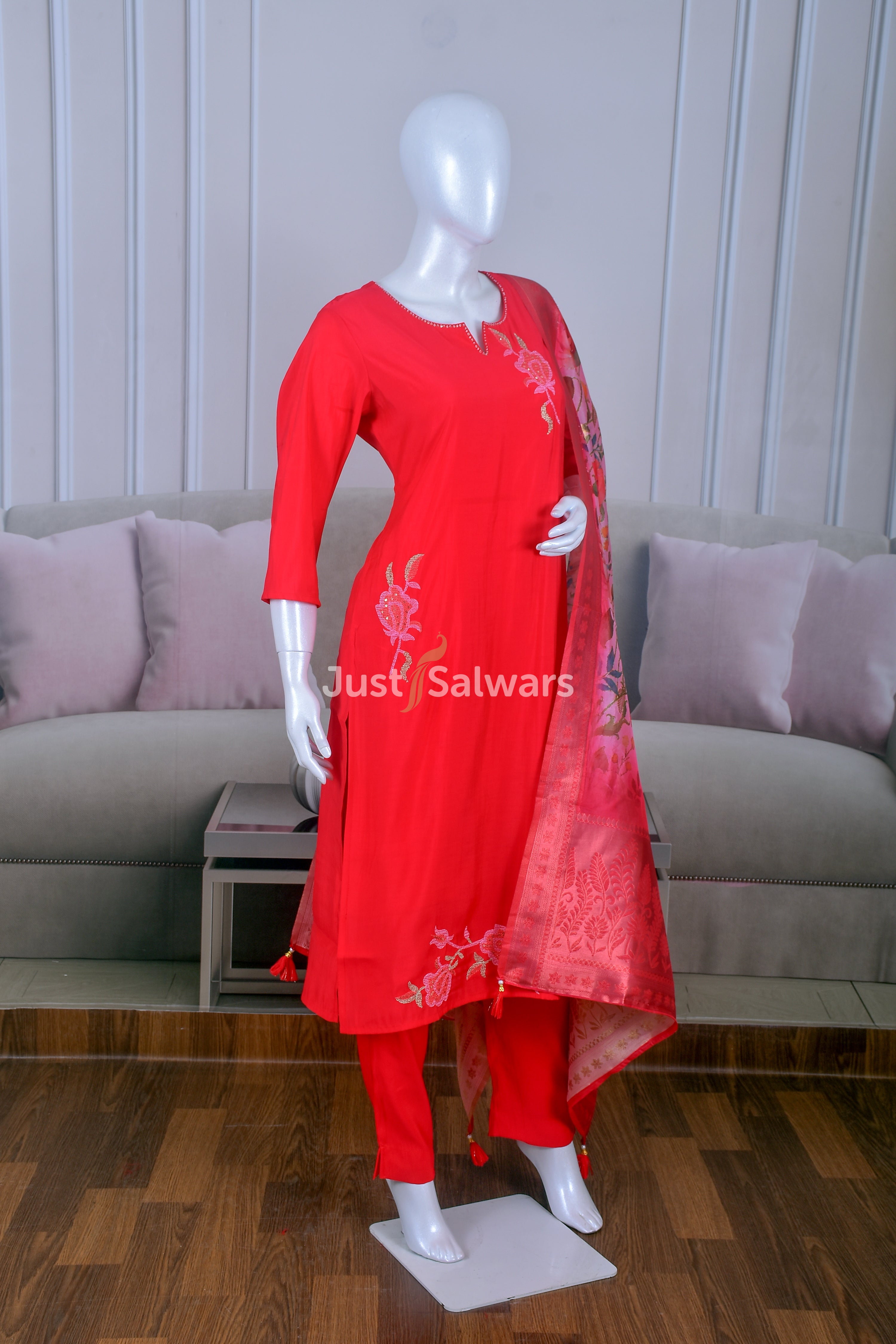 Cotton Kurta with Embroidery and Floral Printed Dupatta - Salwar Suit - Just Salwars