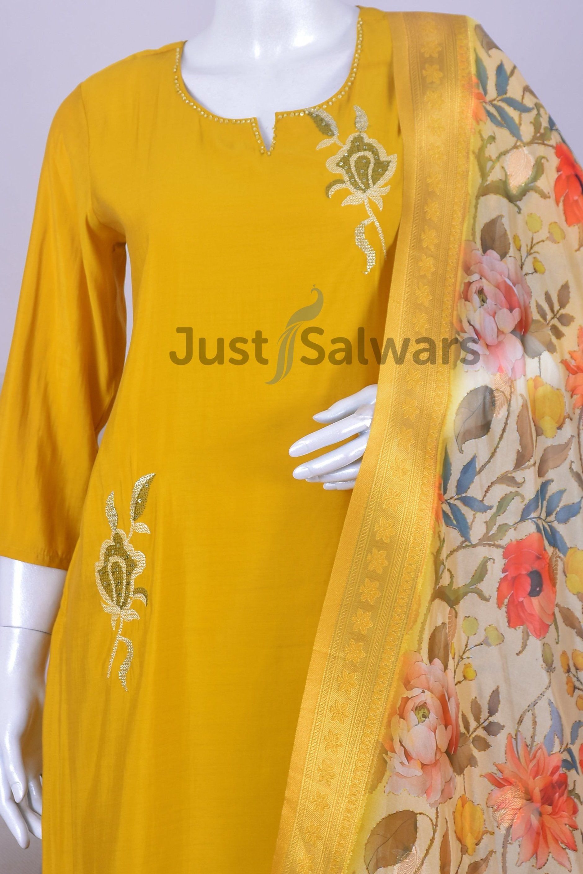 Cotton Kurta with Embroidery and Floral Printed Dupatta - Salwar Suit - Just Salwars