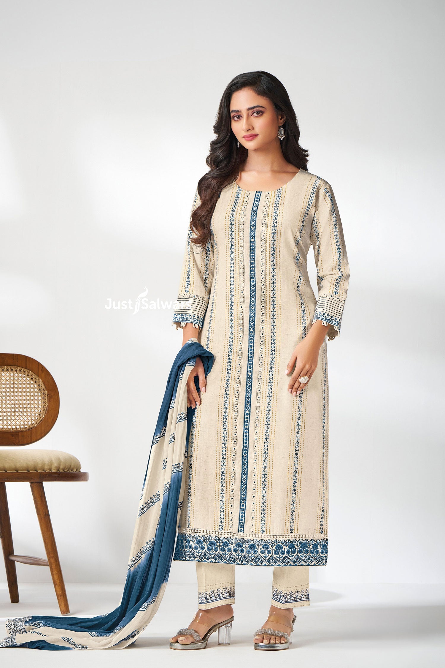 Cream & Blue Printed Straight Salwar Suit Set - Salwar Suit - Just Salwars