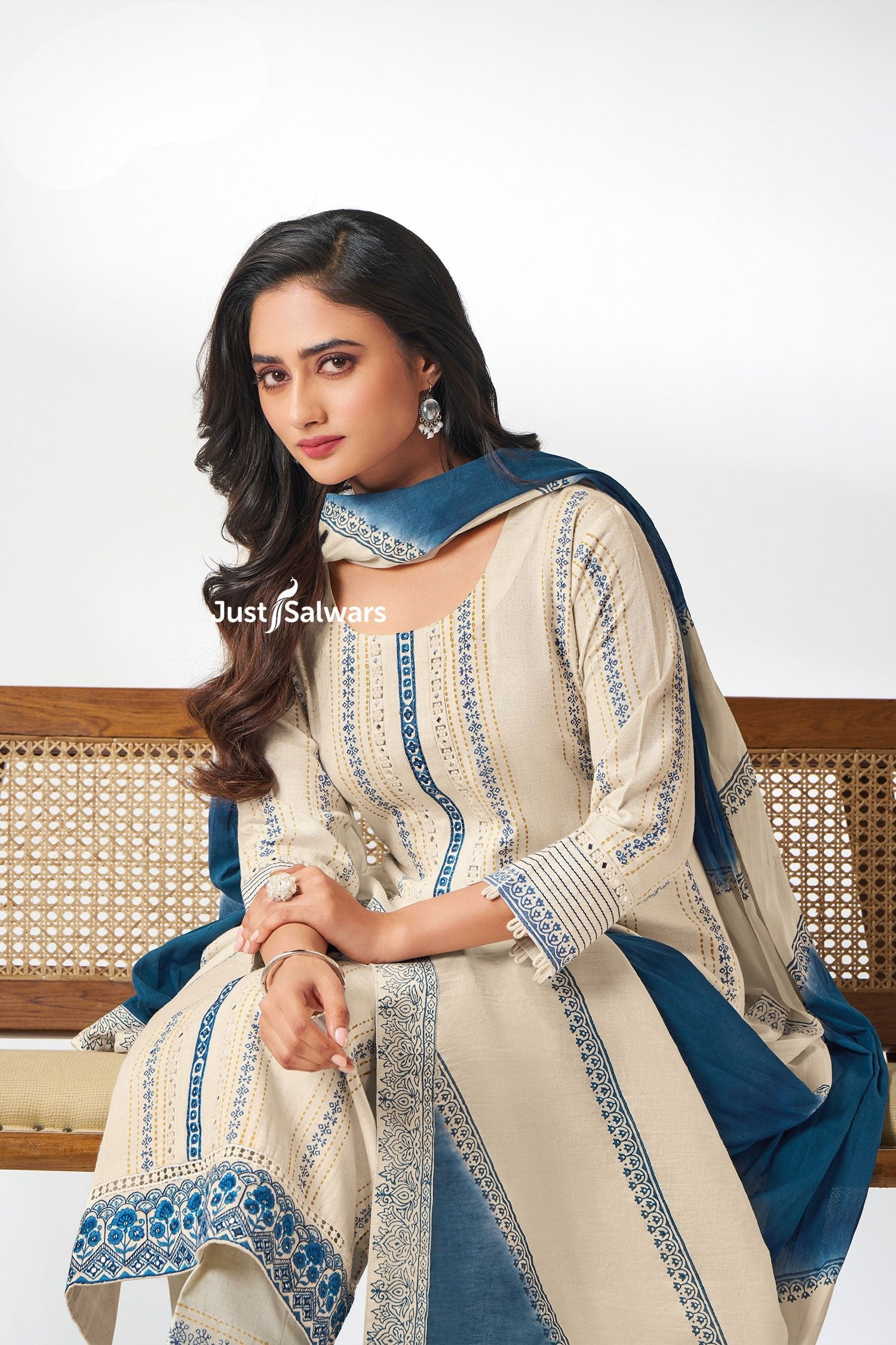 Cream & Blue Printed Straight Salwar Suit Set - Salwar Suit - Just Salwars