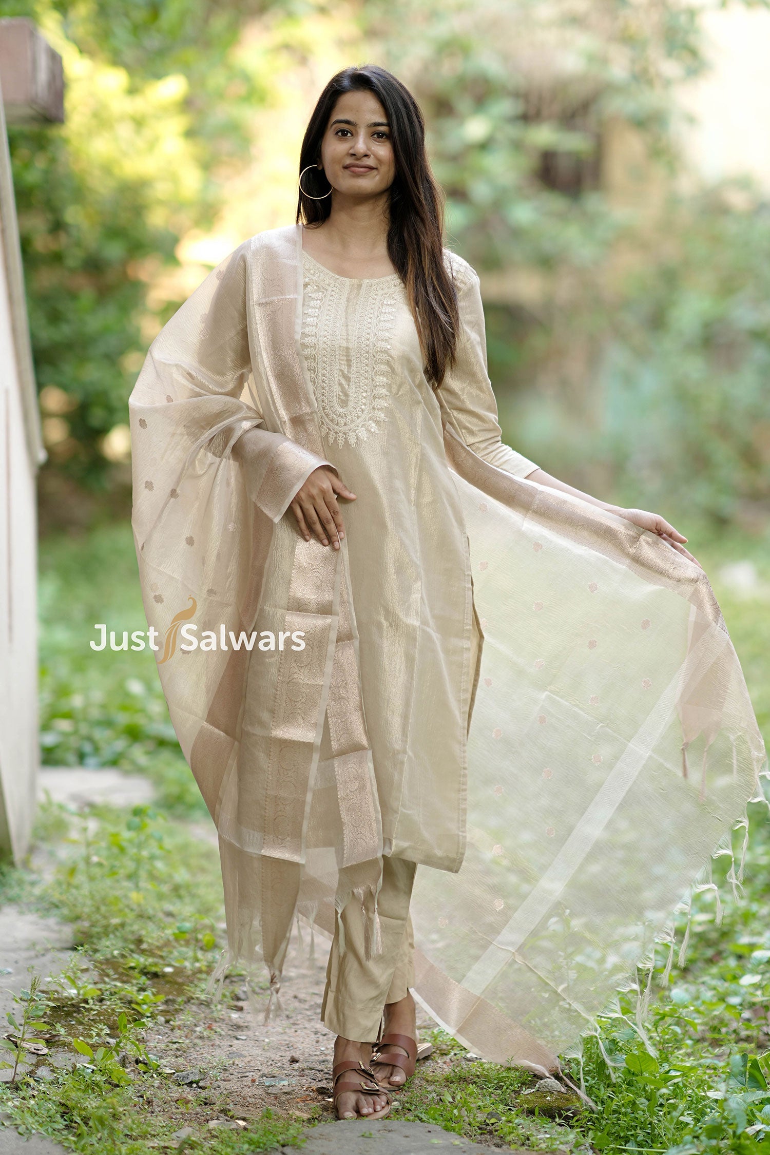 Cream Color Crushed Tissue Fabric Salwar Suit Set - Salwar Suit - Just Salwars