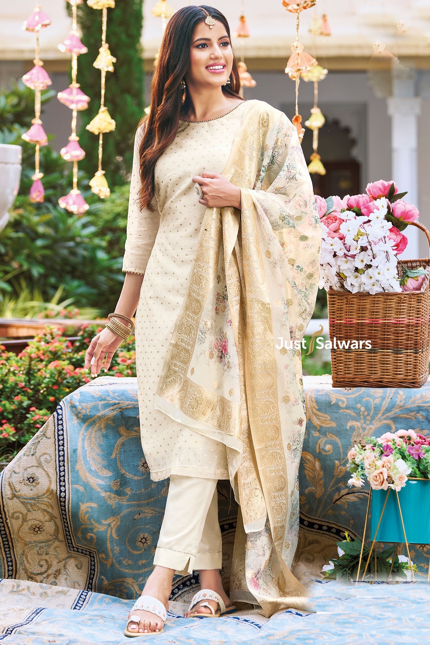 Cream Color Silk Cotton Dress Material - Dress Material - Just Salwars