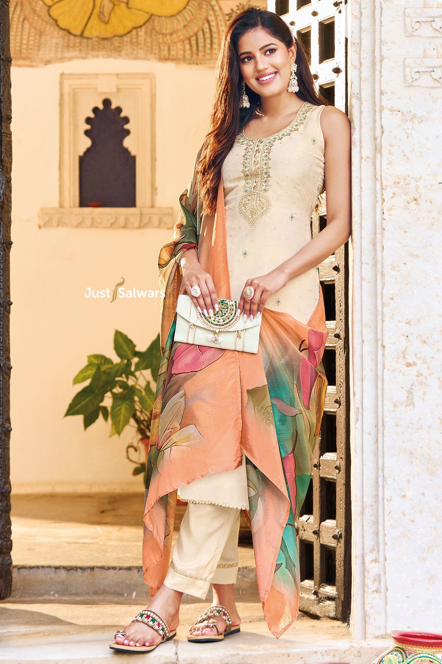 Cream Color Silk Cotton Dress Material - Dress Material - Just Salwars