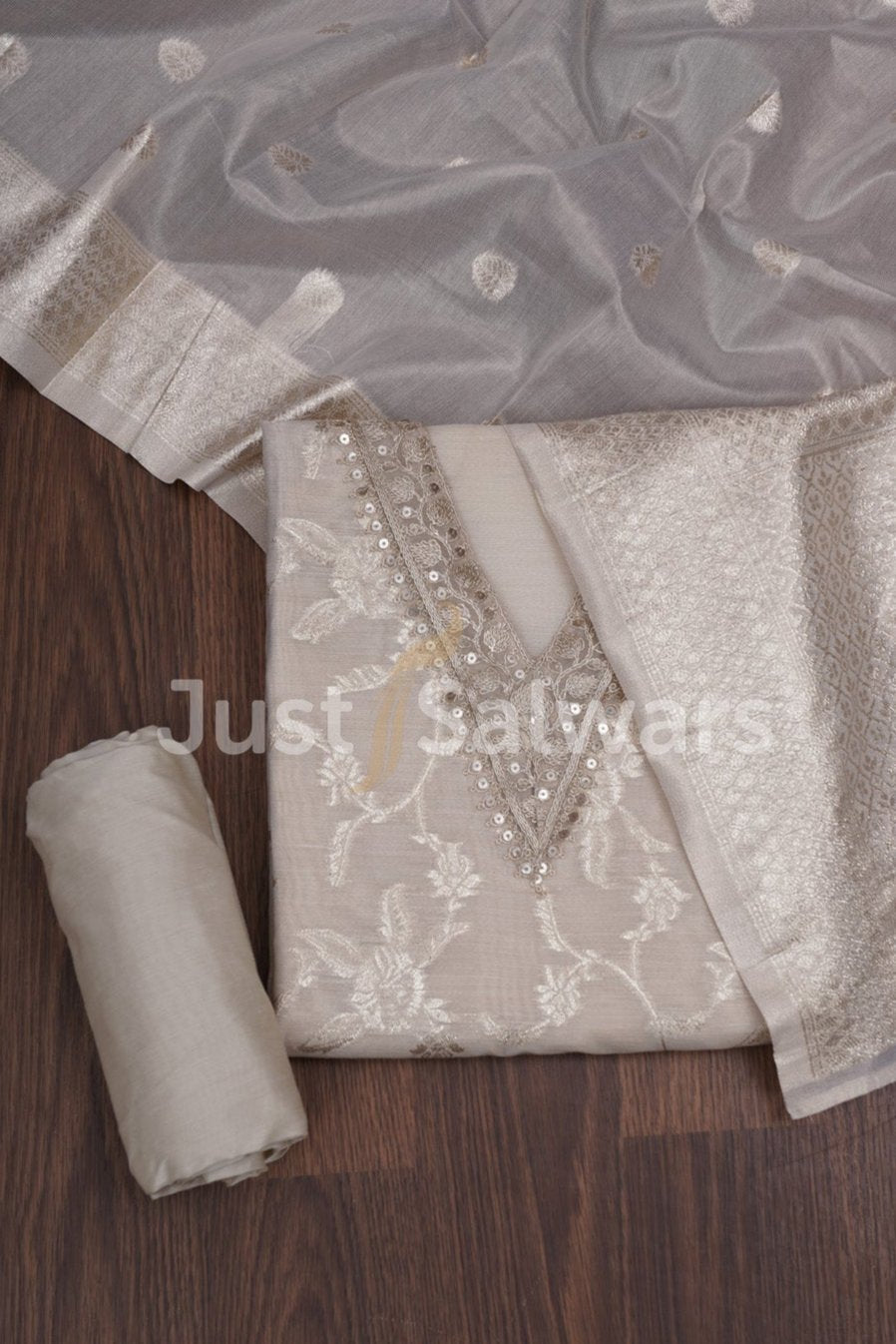 Cream Color Silk Cotton With Golden zari work Dress Material - Dress Material - Just Salwars