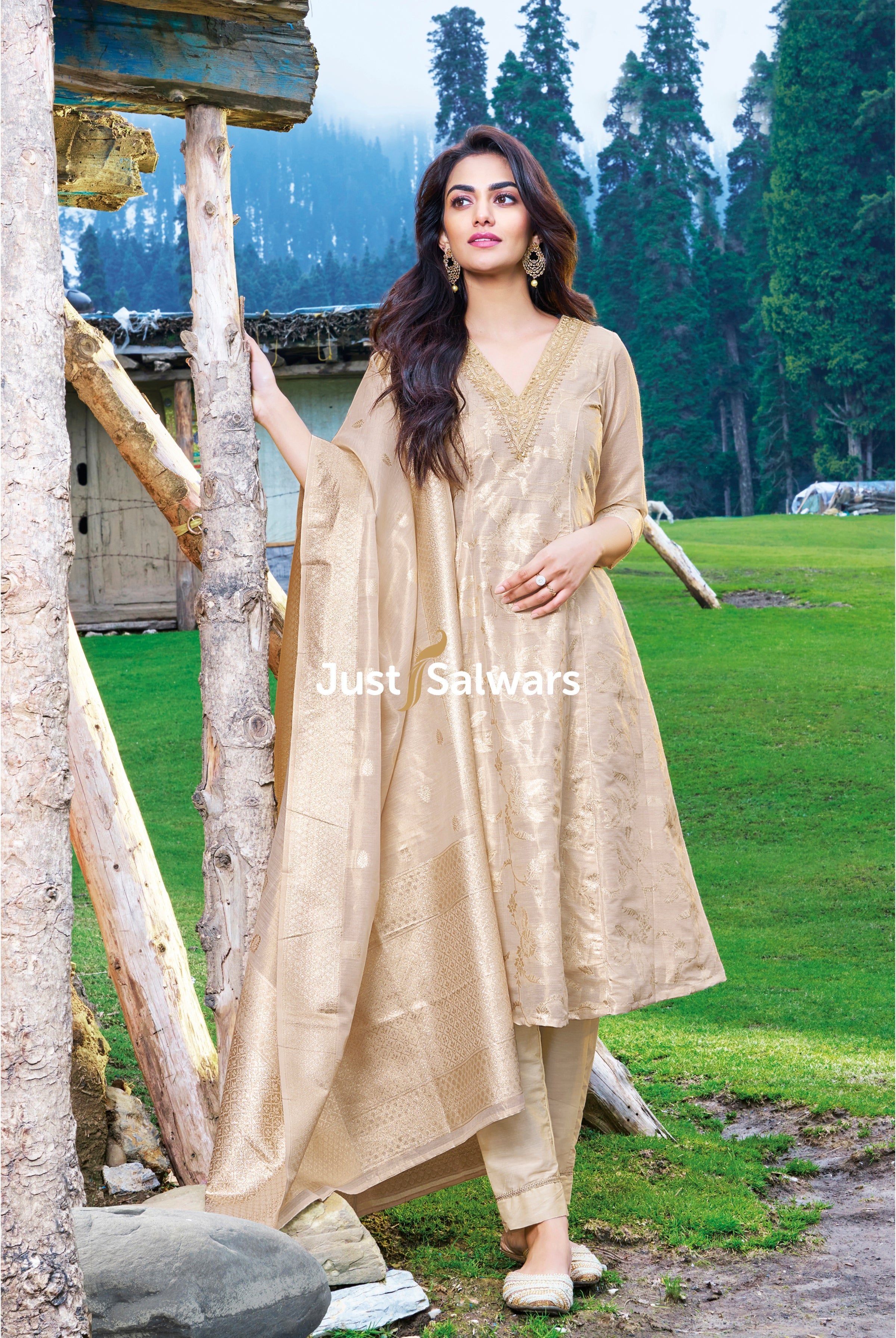 Cream Color Silk Cotton With Golden zari work Dress Material - Dress Material - Just Salwars