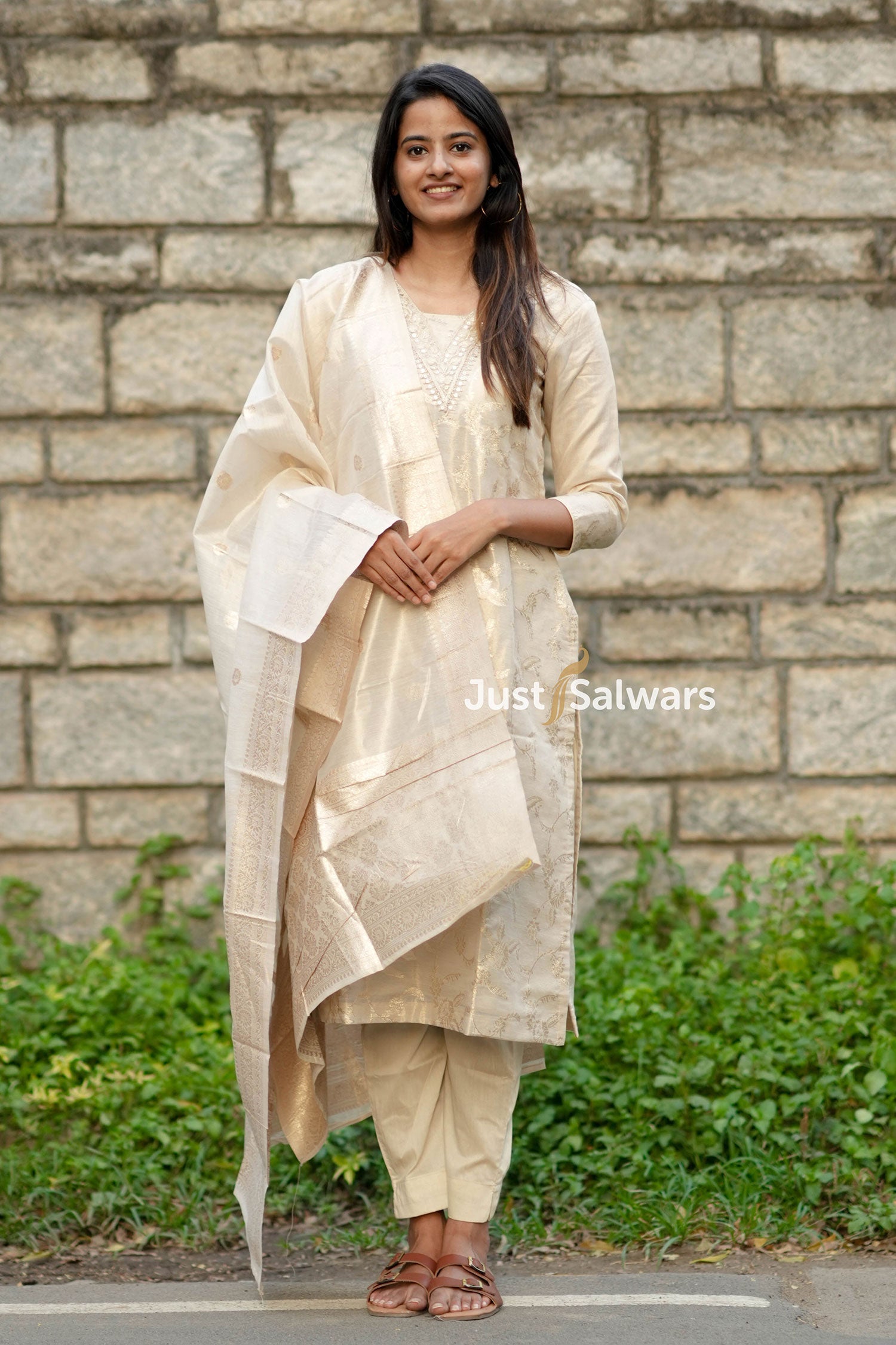 Cream Color Tissue Fabric Salwar Suit Set - Salwar Suit - Just Salwars