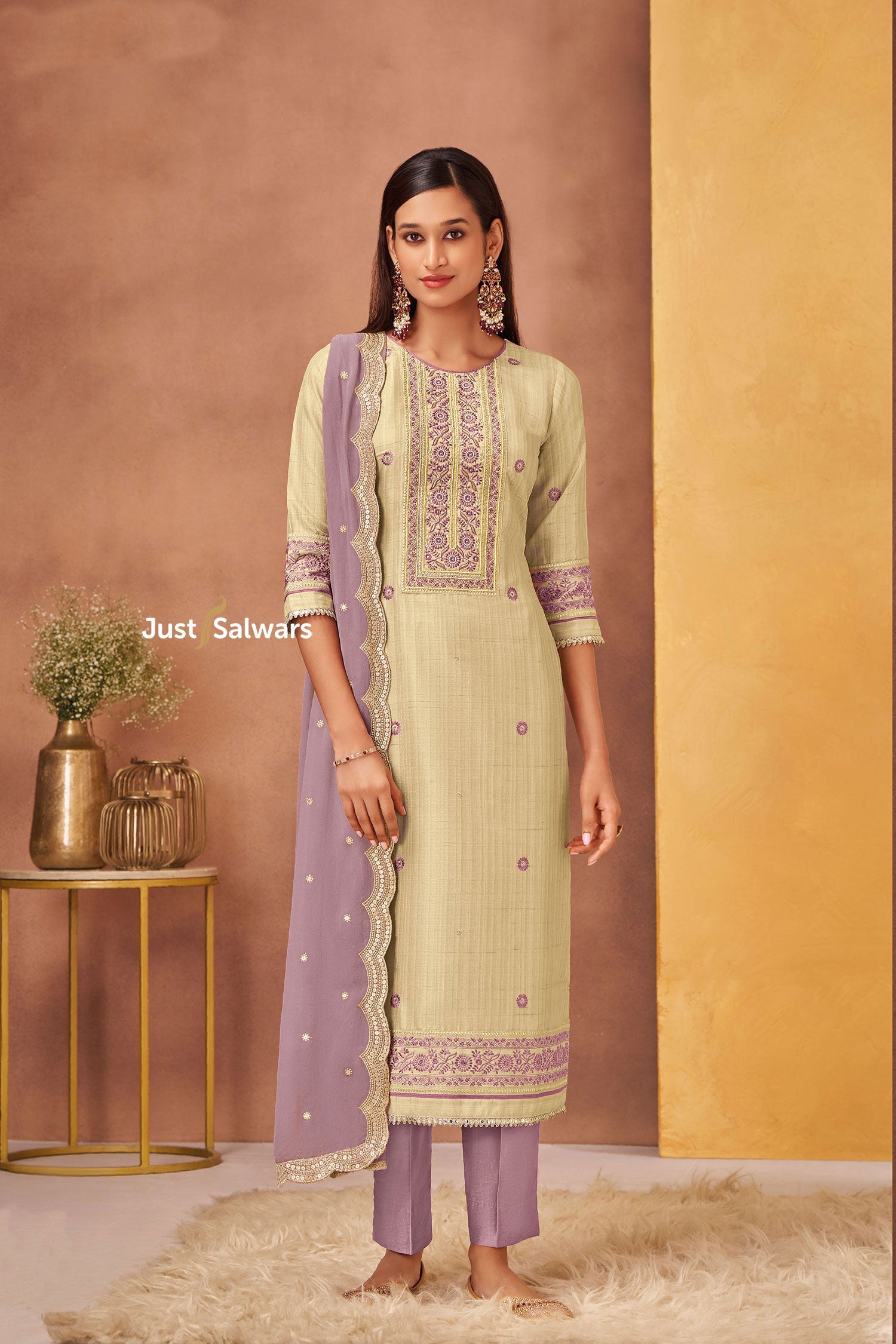 Cream Color Tussar Suit Set - Salwar Suit - Just Salwars