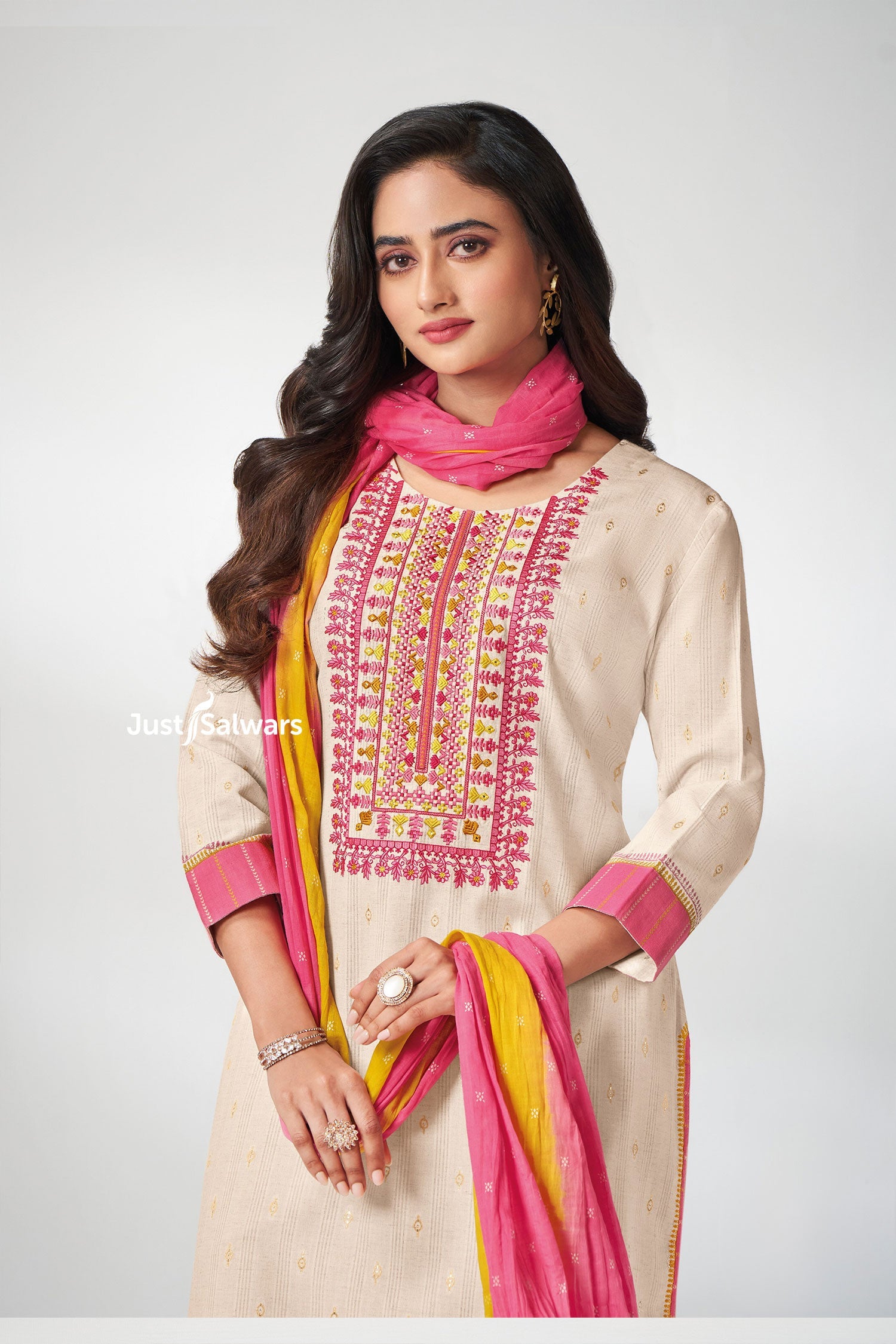 Cream Cotton Straight - Cut Suit with Pink & Yellow Dupatta - Salwar Suit - Just Salwars