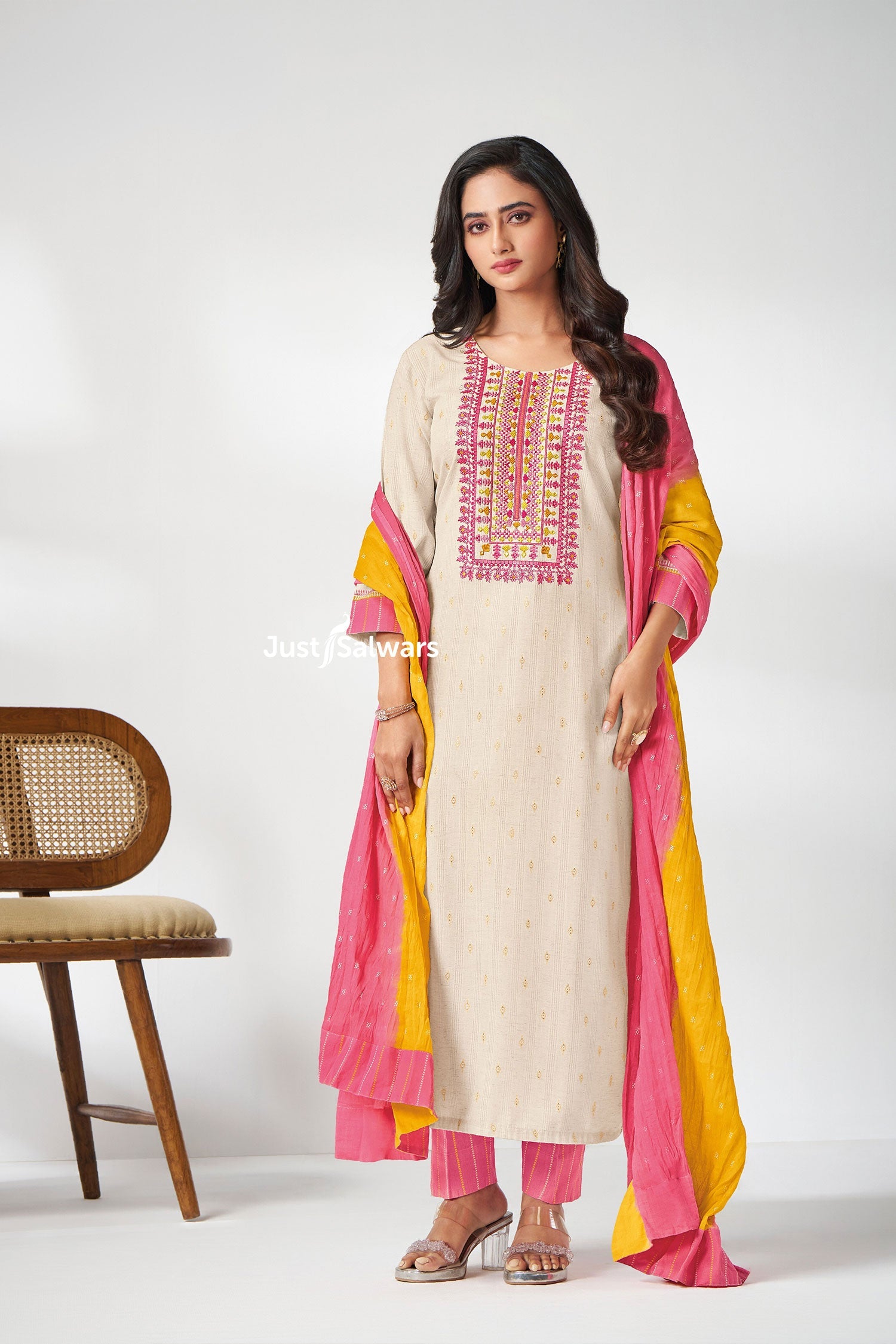 Cream Cotton Straight - Cut Suit with Pink & Yellow Dupatta - Salwar Suit - Just Salwars