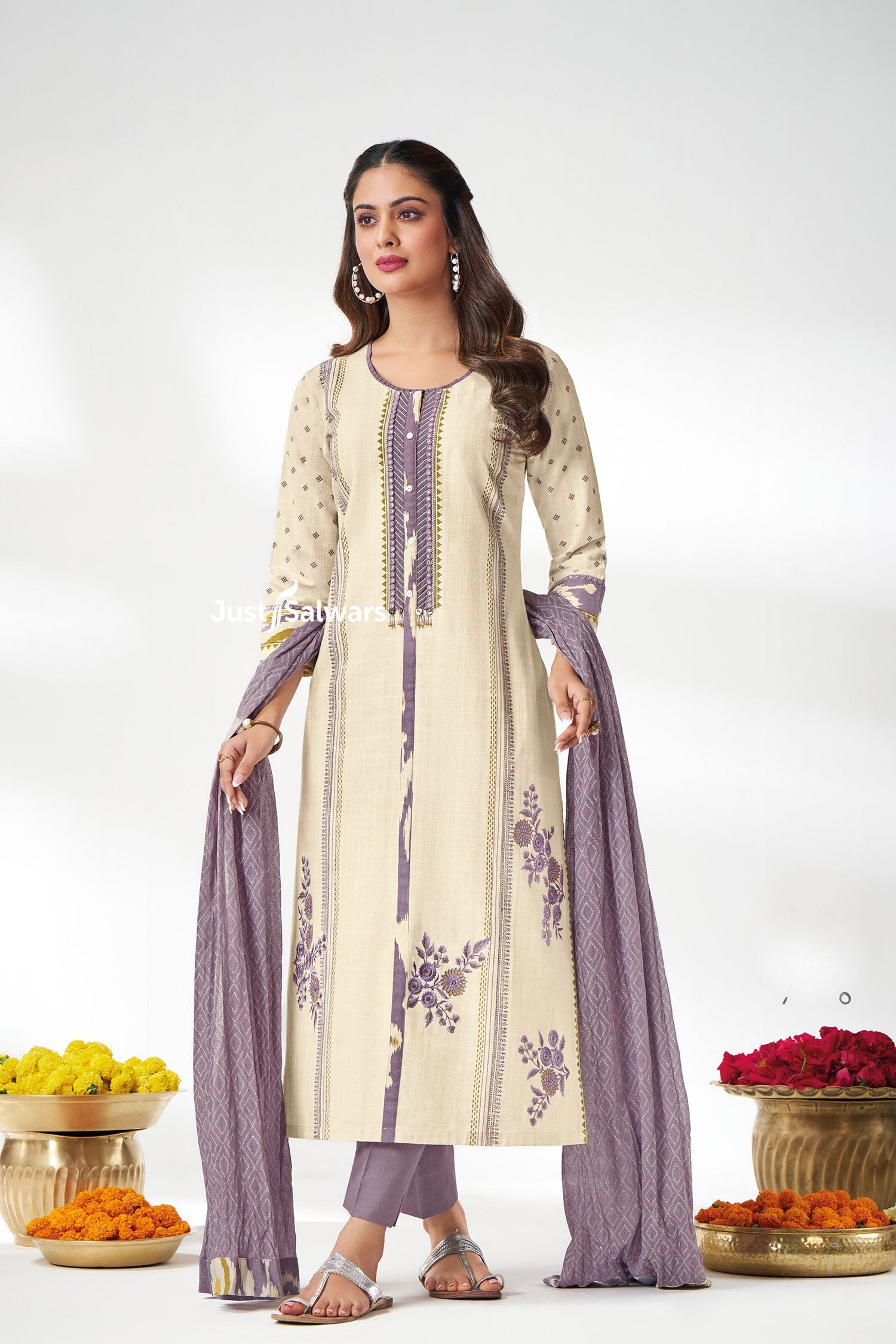 Cream & Purple Salwar Suit Set - Salwar Suit - Just Salwars