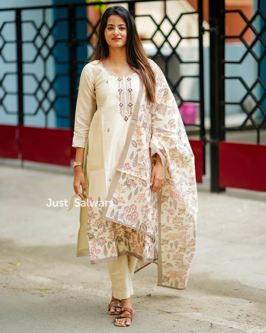 Cream Silk Cotton Salwar Suit Set with Zardozi Embroidery and Floral Print Dupatta - Salwar Suit - Just Salwars