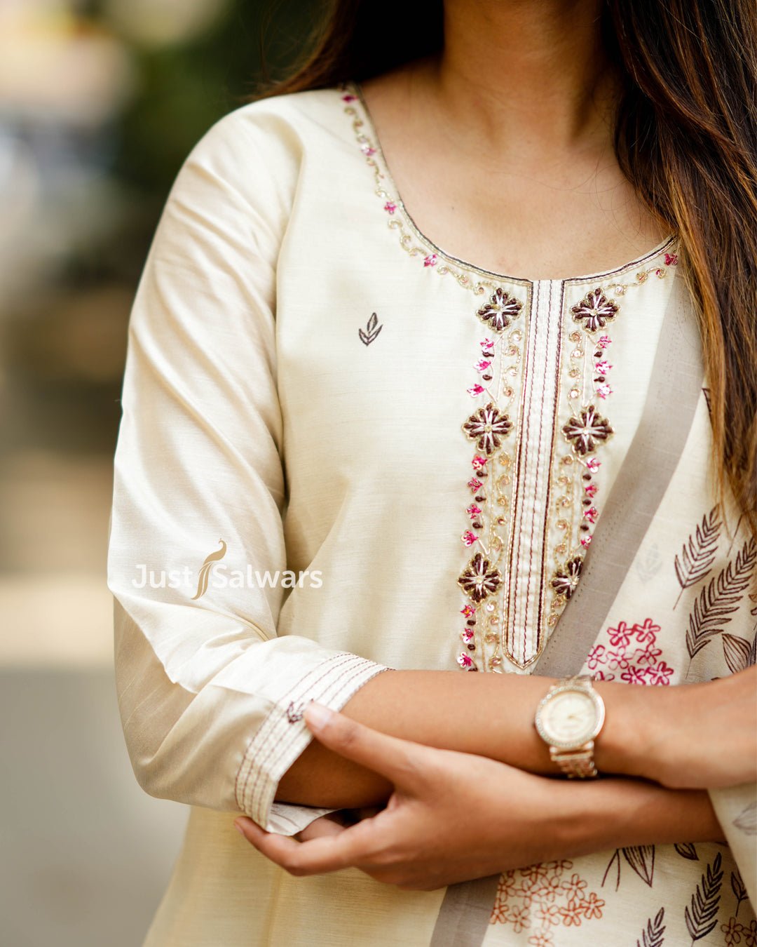 Cream Silk Cotton Salwar Suit Set with Zardozi Embroidery and Floral Print Dupatta - Salwar Suit - Just Salwars