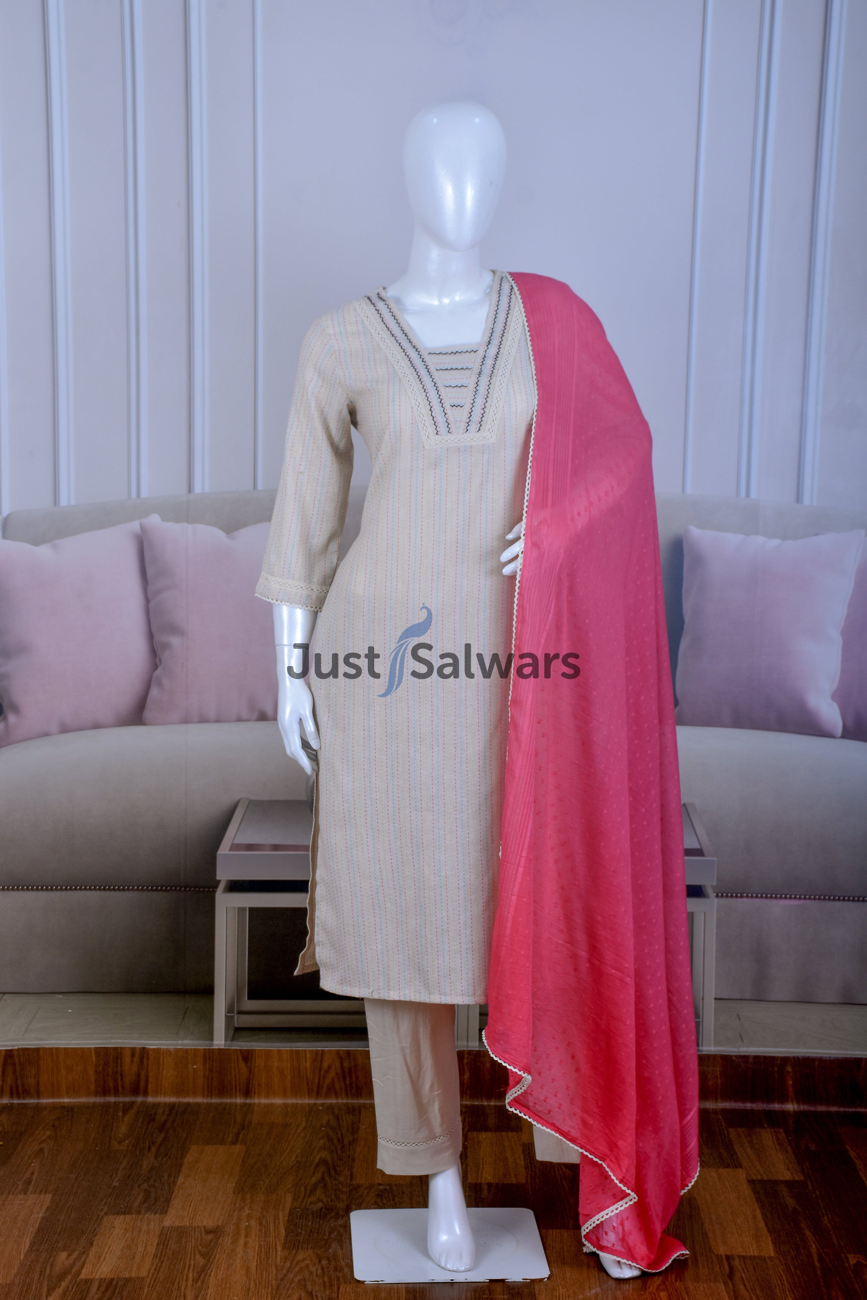 Elegant Beige Color Cotton Suit Set - Salwar Suit - Just Salwars