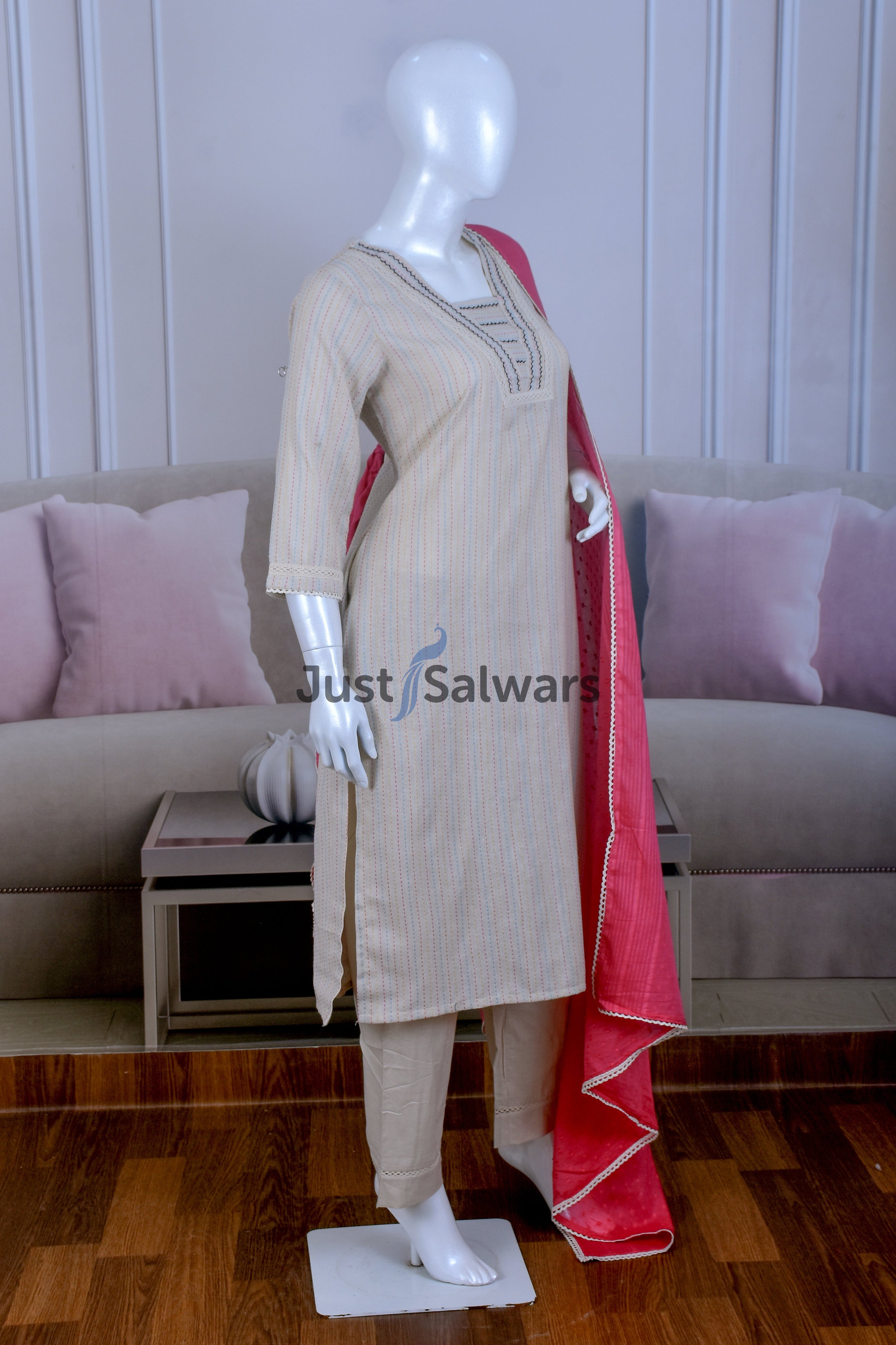 Elegant Beige Color Cotton Suit Set - Salwar Suit - Just Salwars