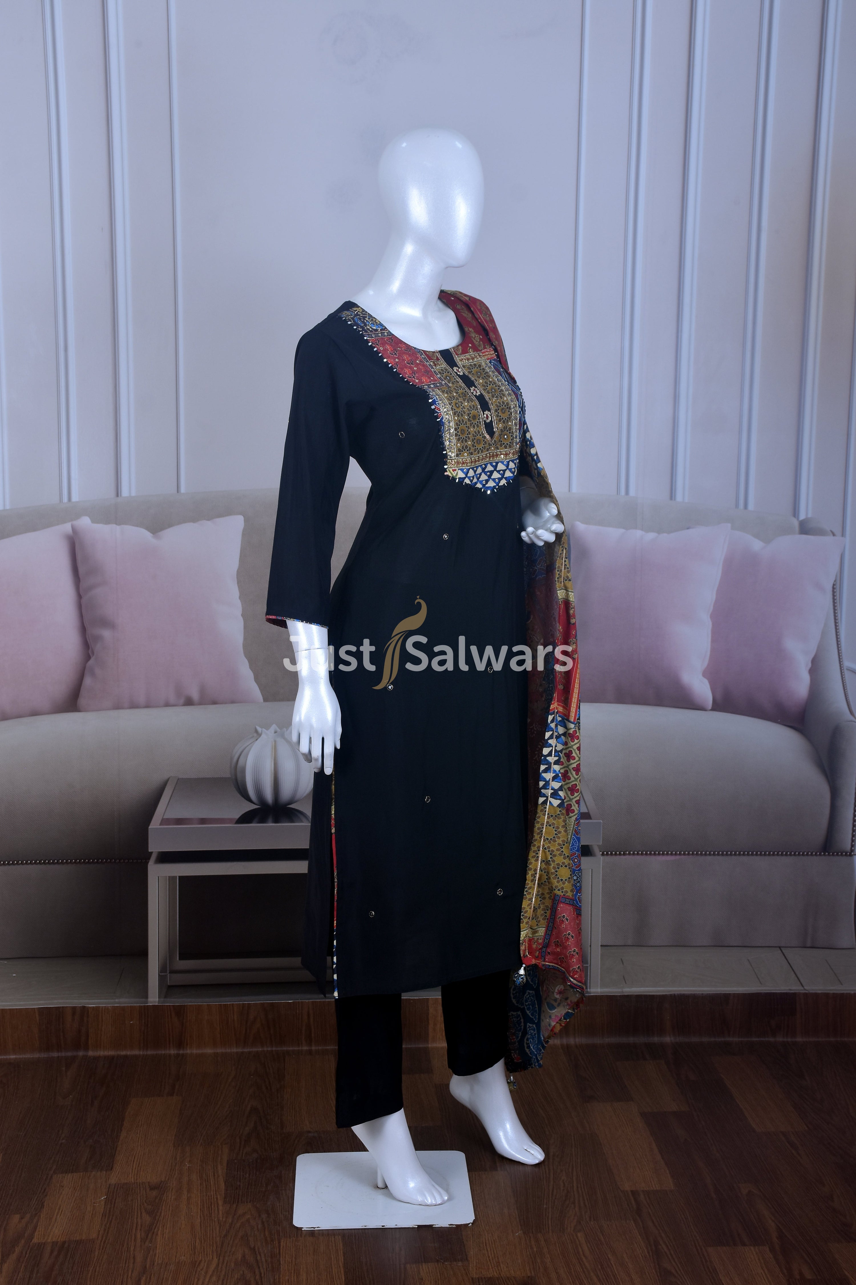 Elegant Black Color Muslin Suit Set - Salwar Suit - Just Salwars