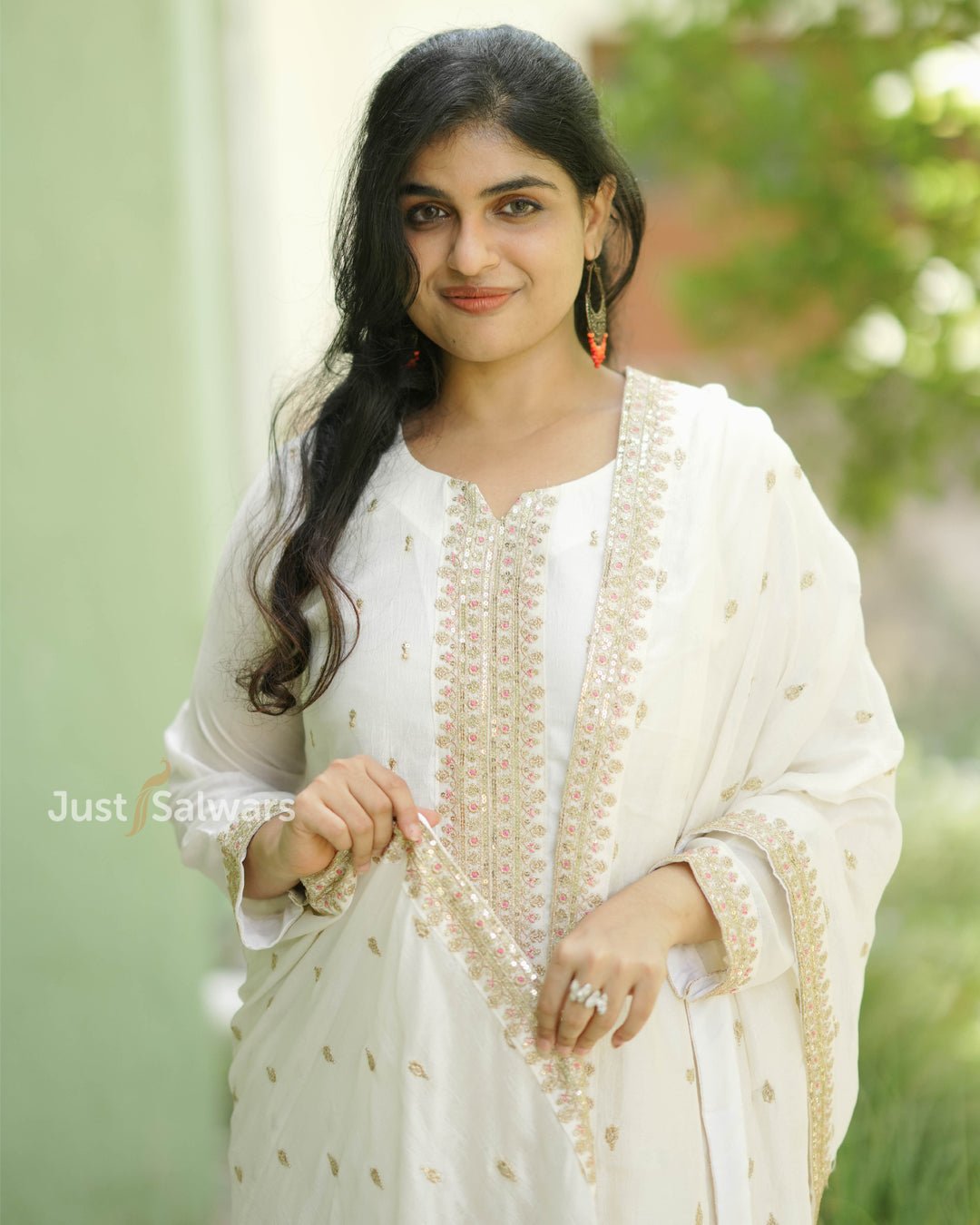 Elegant Cream Mirror Embroidered Kurta Set with Matching Dupatta - Salwar Suit - Just Salwars
