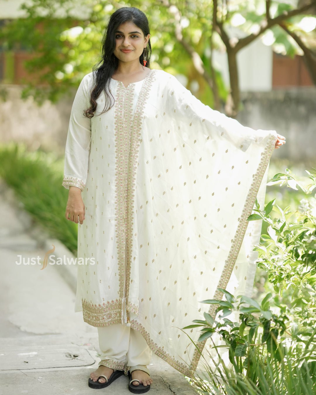 Elegant Cream Mirror Embroidered Kurta Set with Matching Dupatta - Salwar Suit - Just Salwars