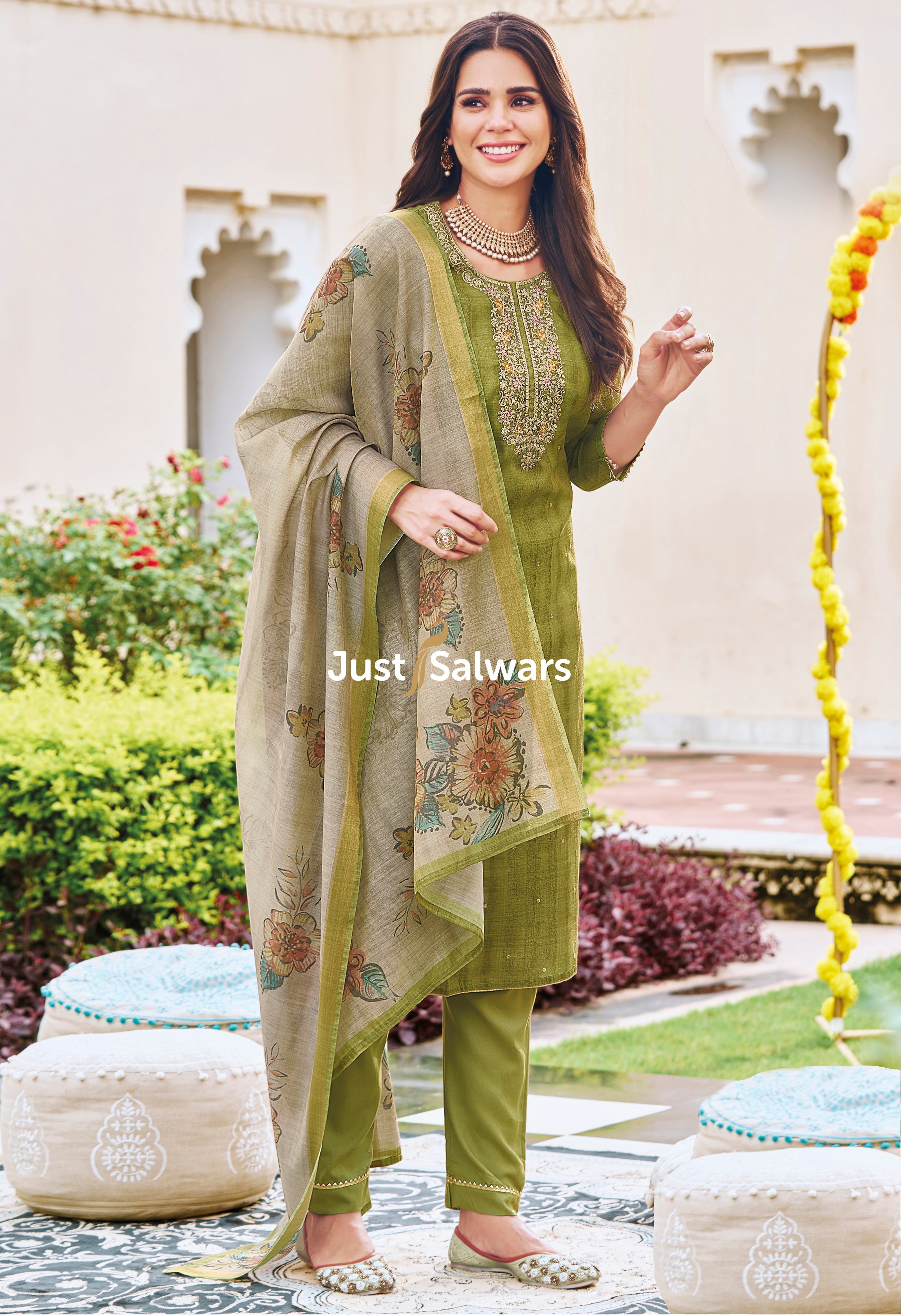 Elegant Green Shimmer Dress Material - Dress Material - Just Salwars