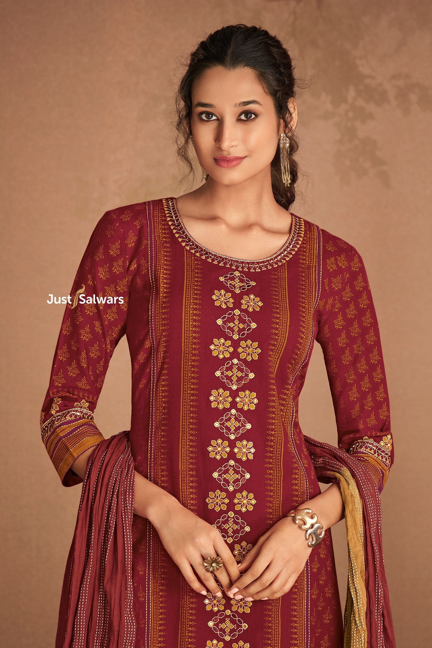 Elegant Maroon Cotton Salwar Suit Set - Salwar Suit - Just Salwars