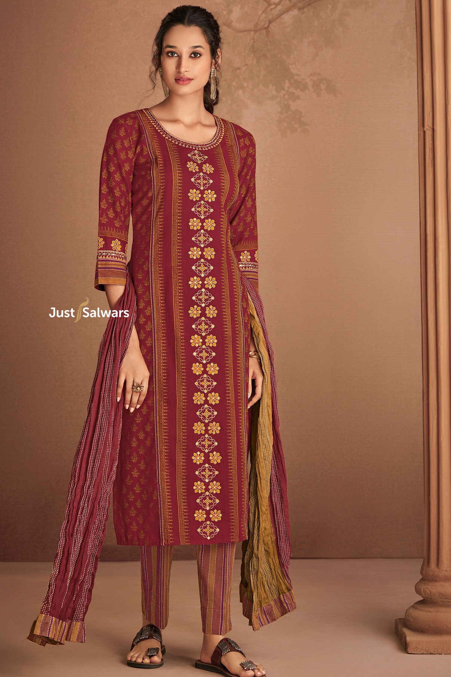 Elegant Maroon Cotton Salwar Suit Set - Salwar Suit - Just Salwars