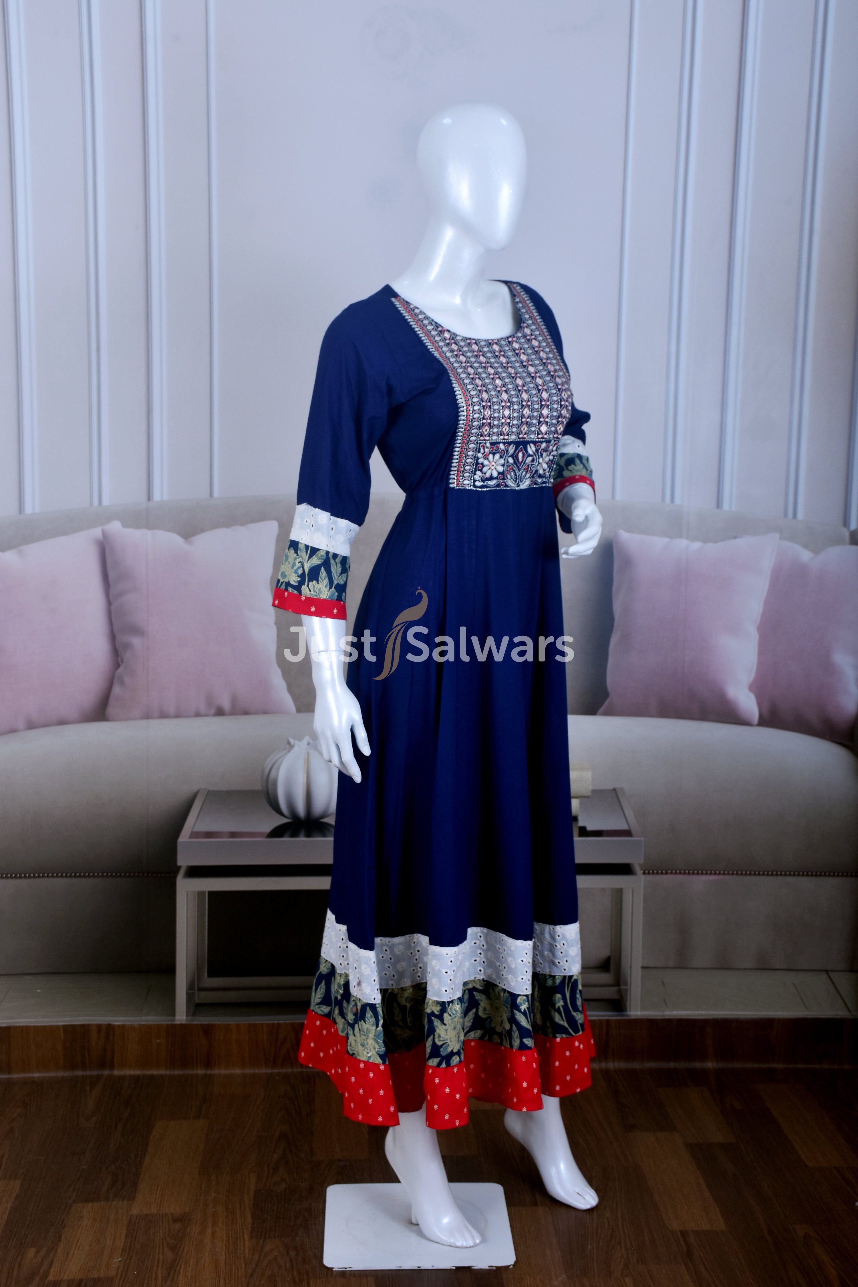 Elegant Navy Blue Cotton Kurti - Gown - Just Salwars