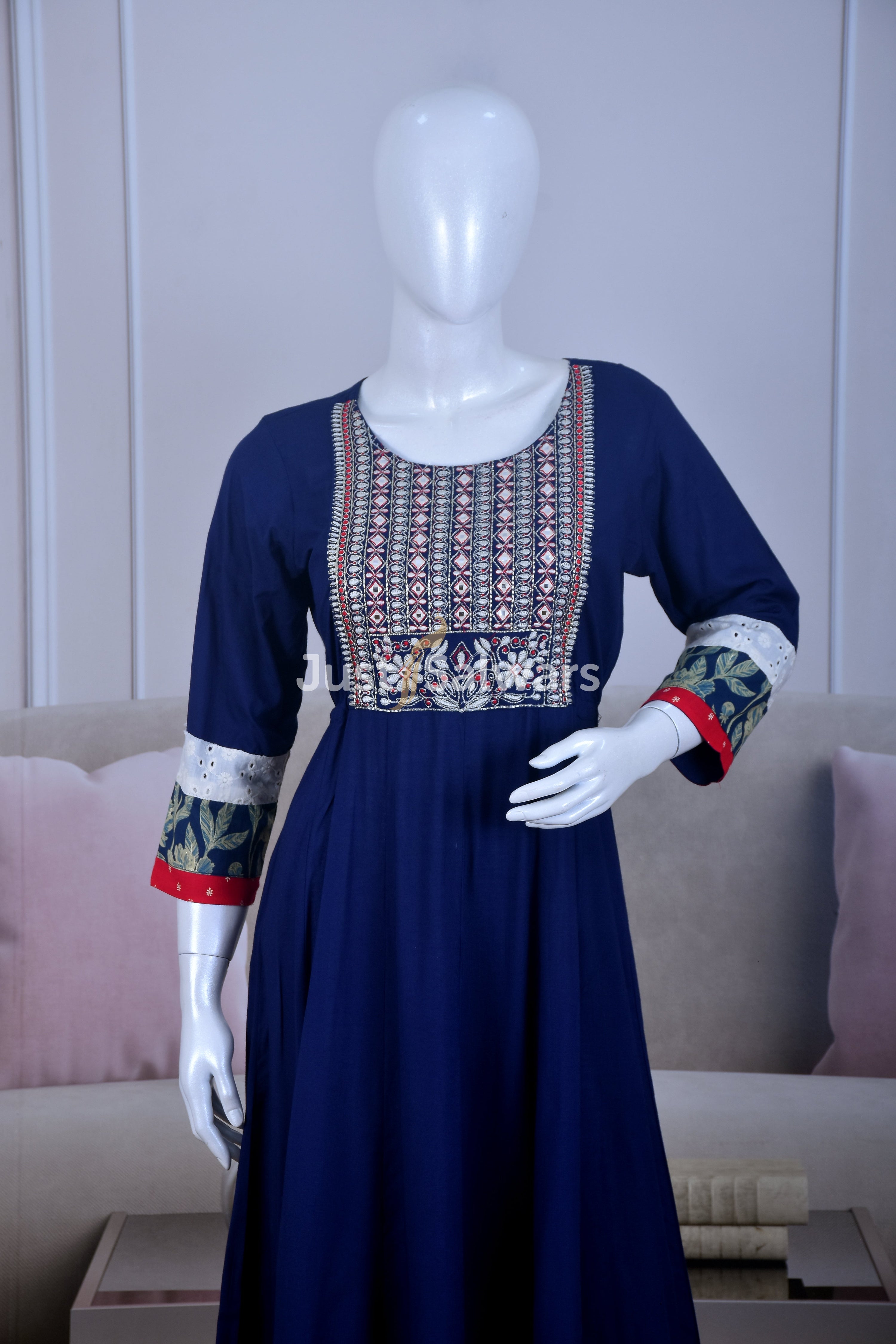 Elegant Navy Blue Cotton Kurti - Gown - Just Salwars