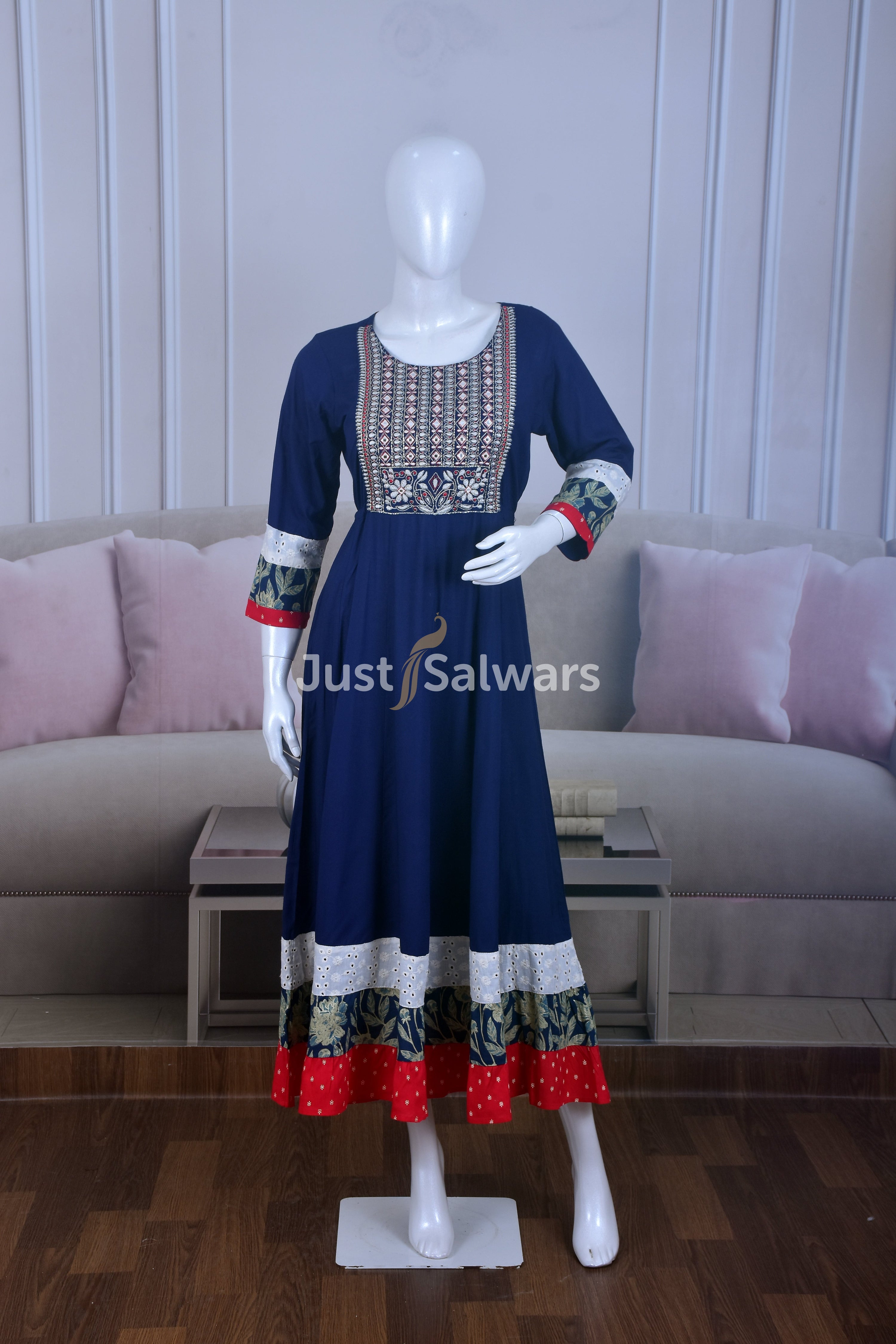 Elegant Navy Blue Cotton Kurti - Gown - Just Salwars