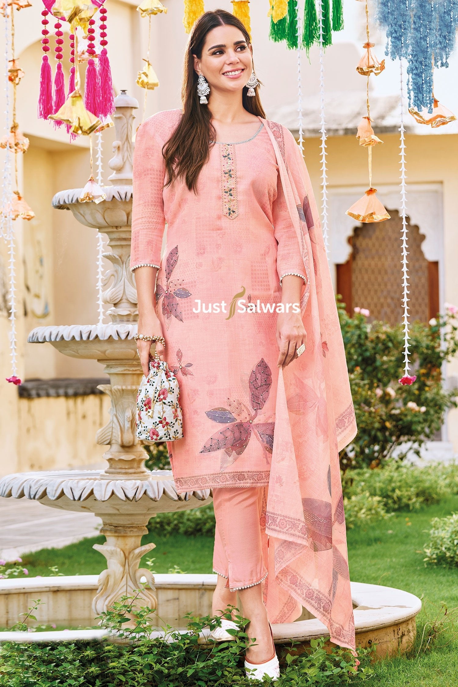 Elegant Peach Linen Dress Material - Dress Material - Just Salwars