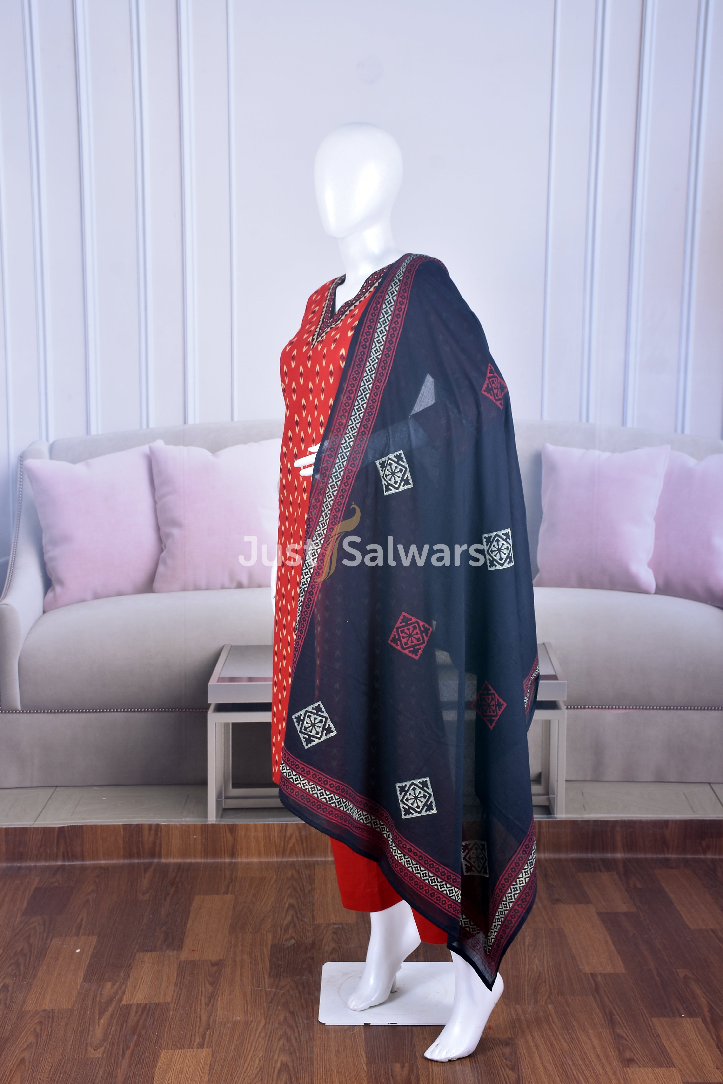 Elegant Red Color Cotton Suit Set - Salwar Suit - Just Salwars