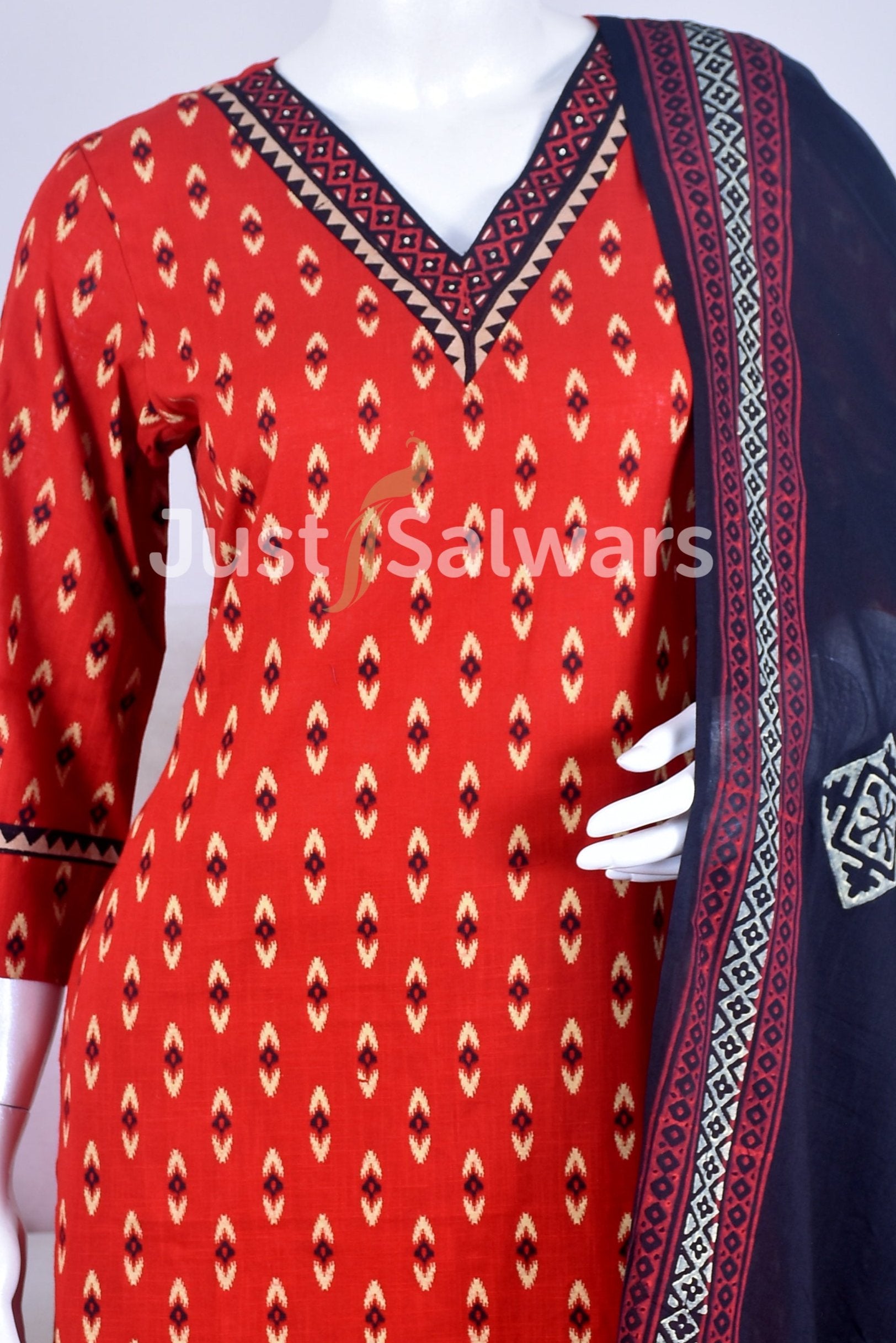 Elegant Red Color Cotton Suit Set - Salwar Suit - Just Salwars