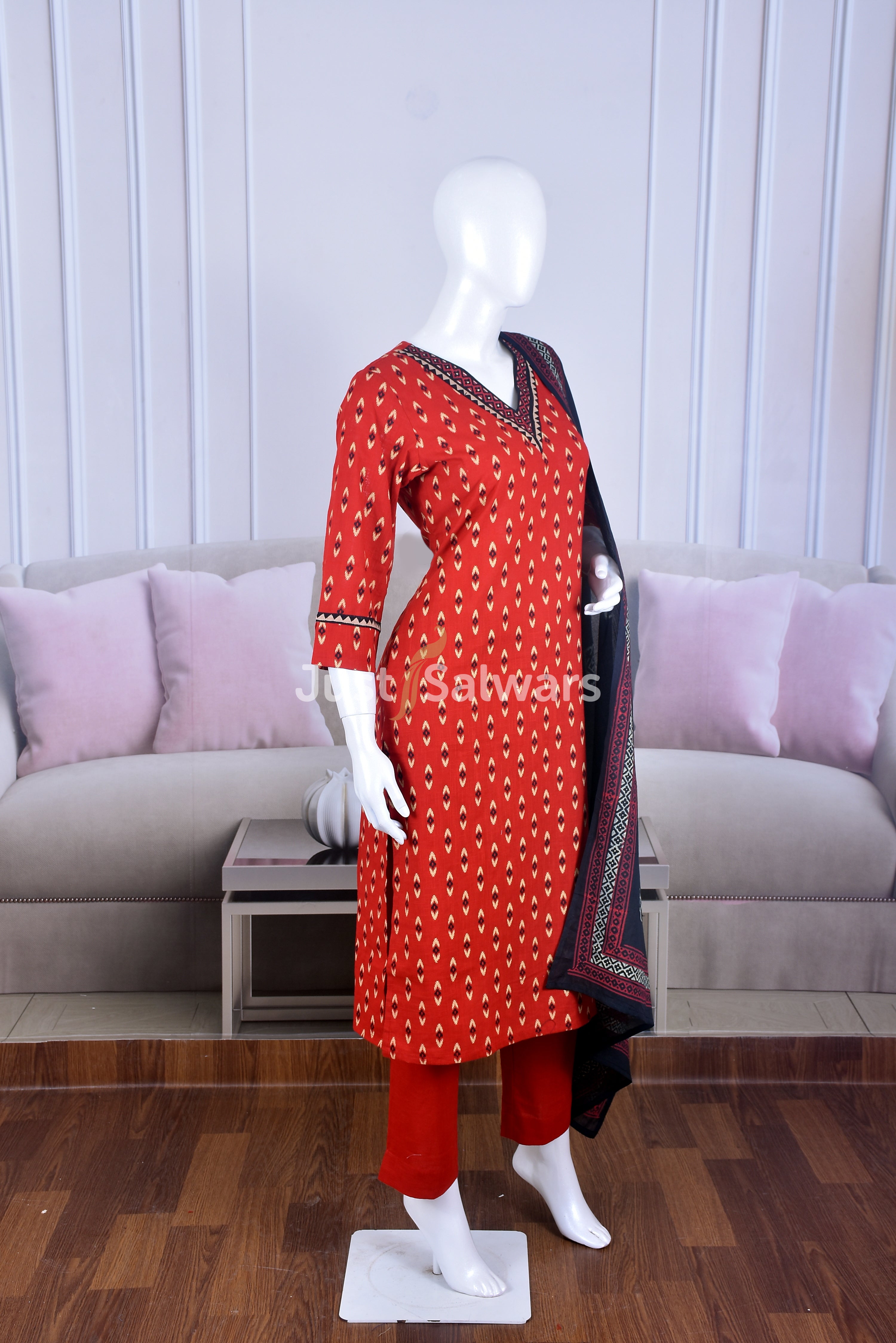 Elegant Red Color Cotton Suit Set - Salwar Suit - Just Salwars