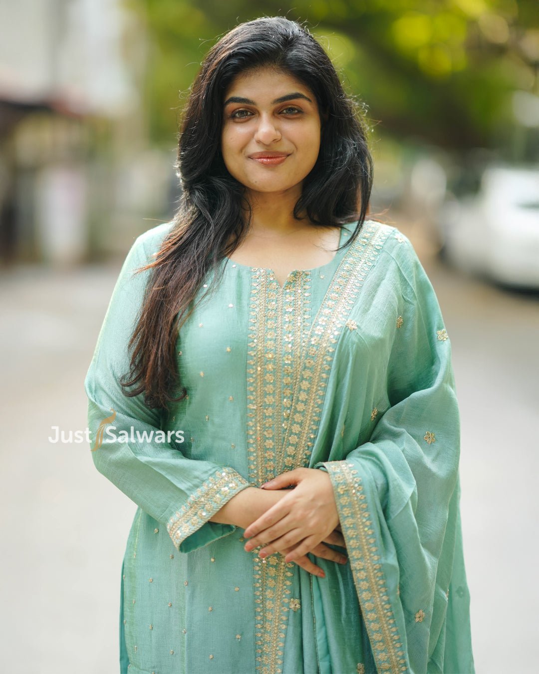 Elegant Sea Green Vichitra Silk Straight Cut Suit - Salwar Suit - Just Salwars