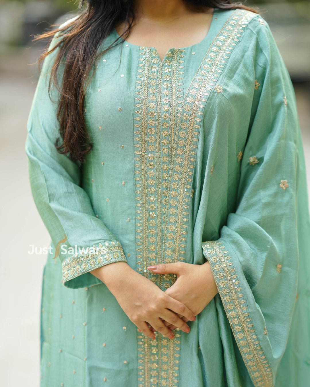 Elegant Sea Green Vichitra Silk Straight Cut Suit - Salwar Suit - Just Salwars