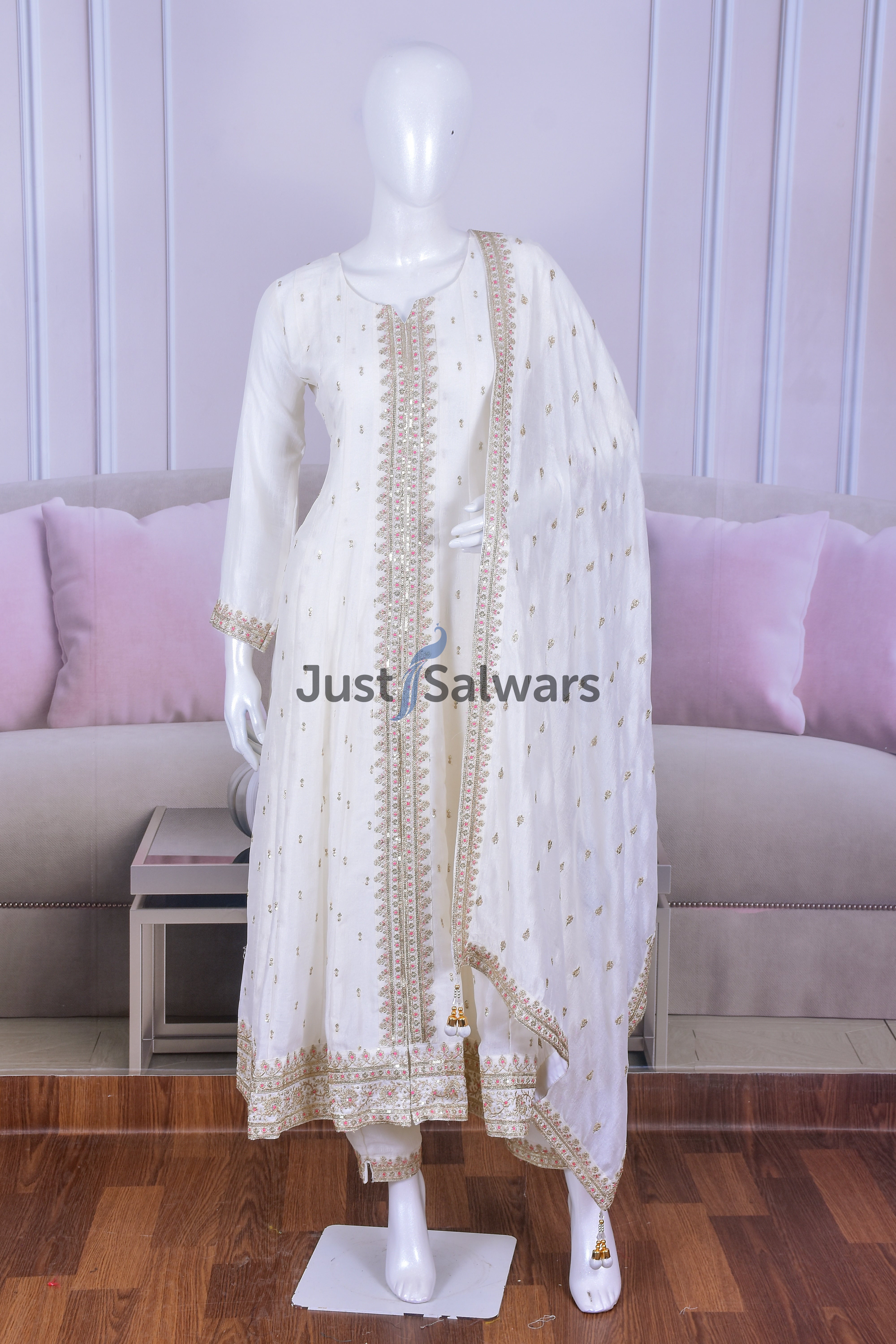 Elegant White Silk Anarkali with Sequins and Zari Work - Anarkali - Just Salwars