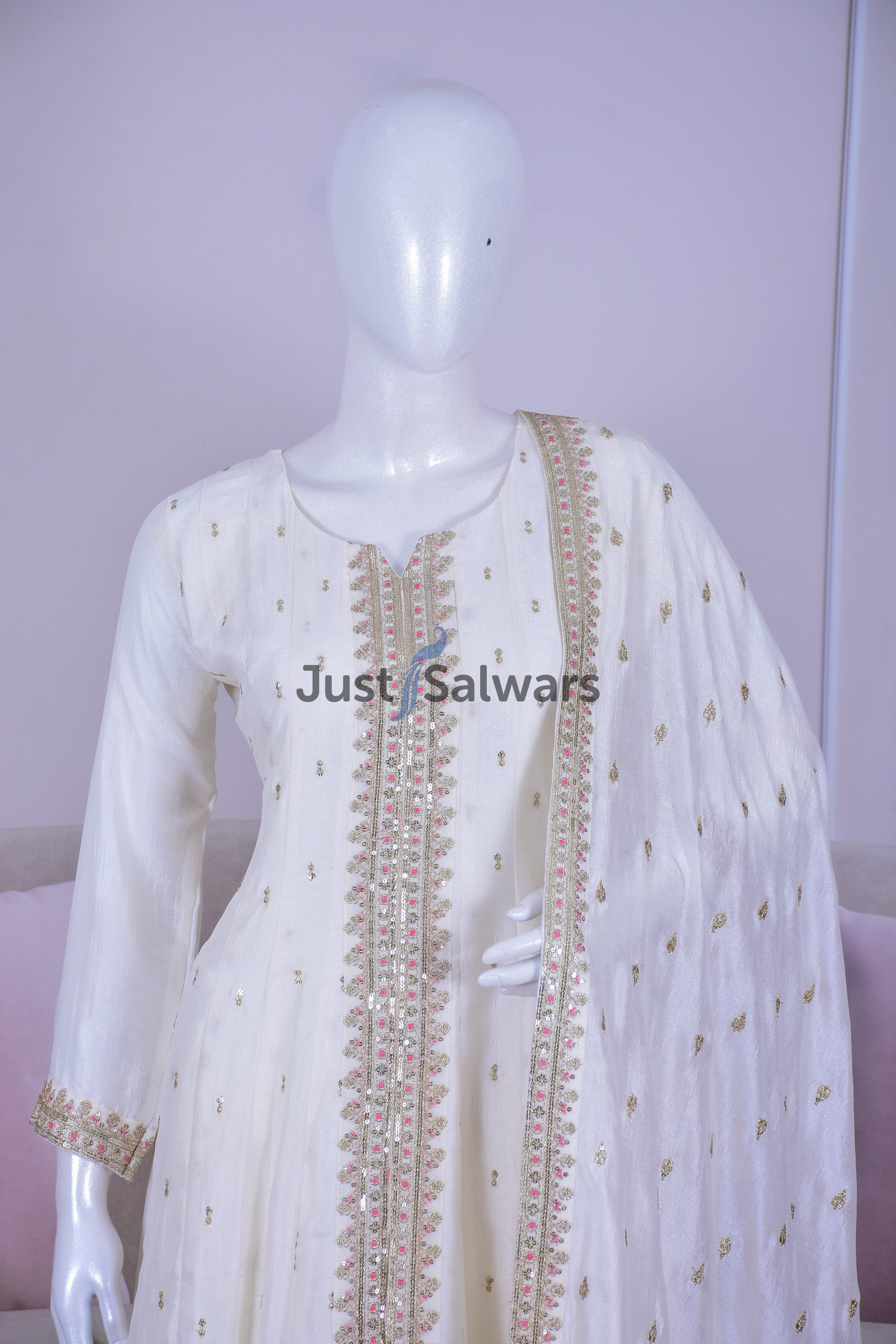 Elegant White Silk Anarkali with Sequins and Zari Work - Anarkali - Just Salwars