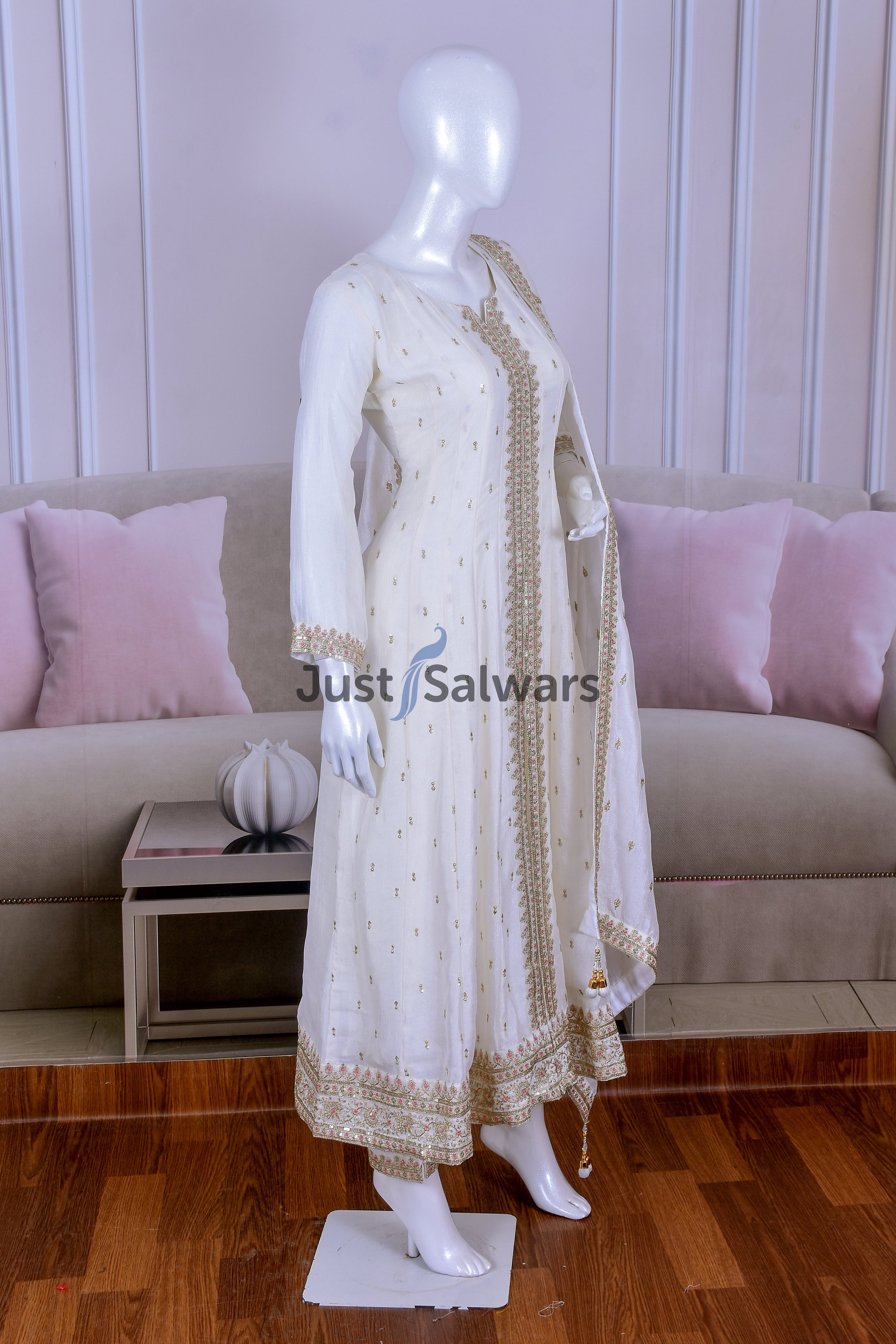 Elegant White Silk Anarkali with Sequins and Zari Work - Anarkali - Just Salwars