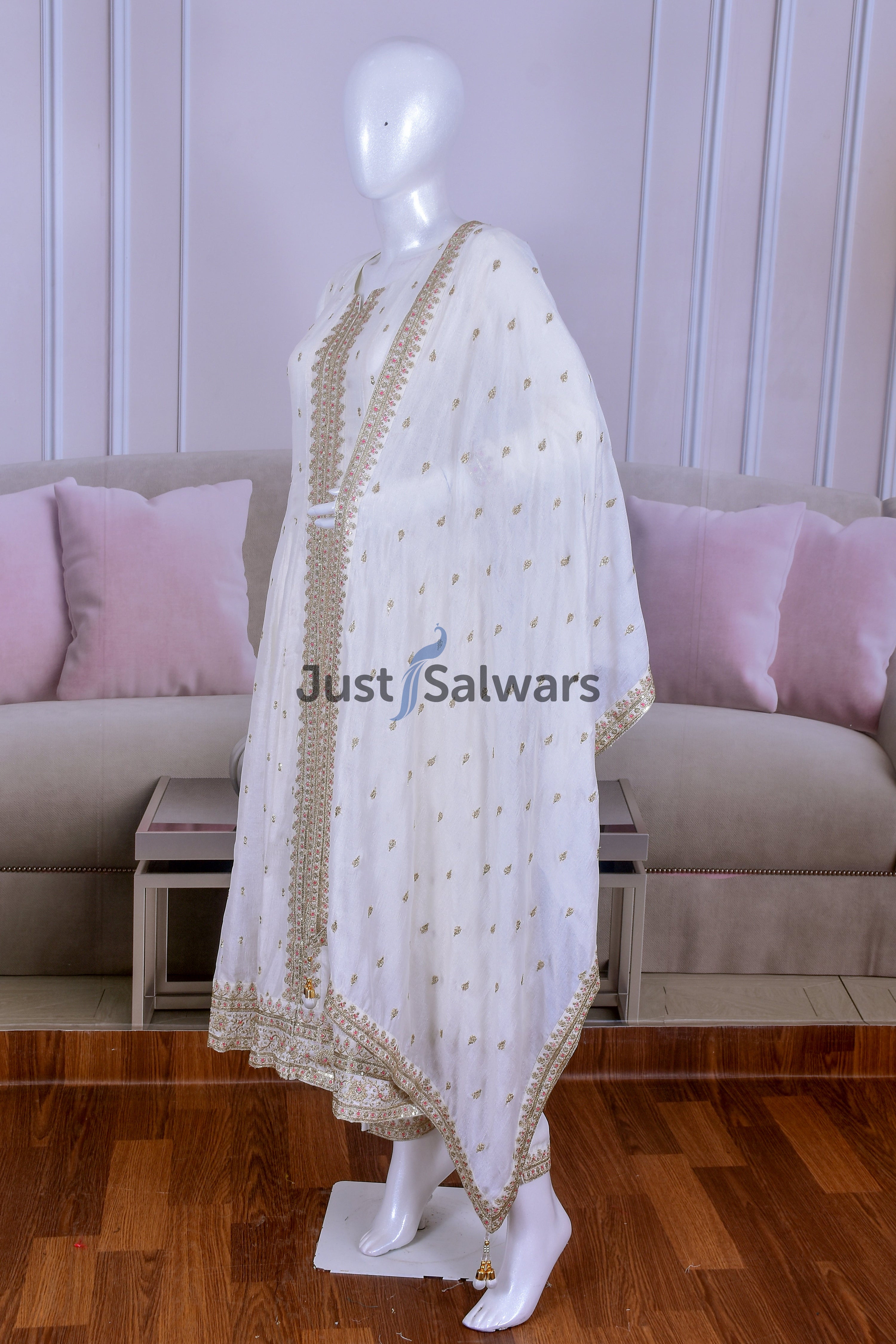 Elegant White Silk Anarkali with Sequins and Zari Work - Anarkali - Just Salwars