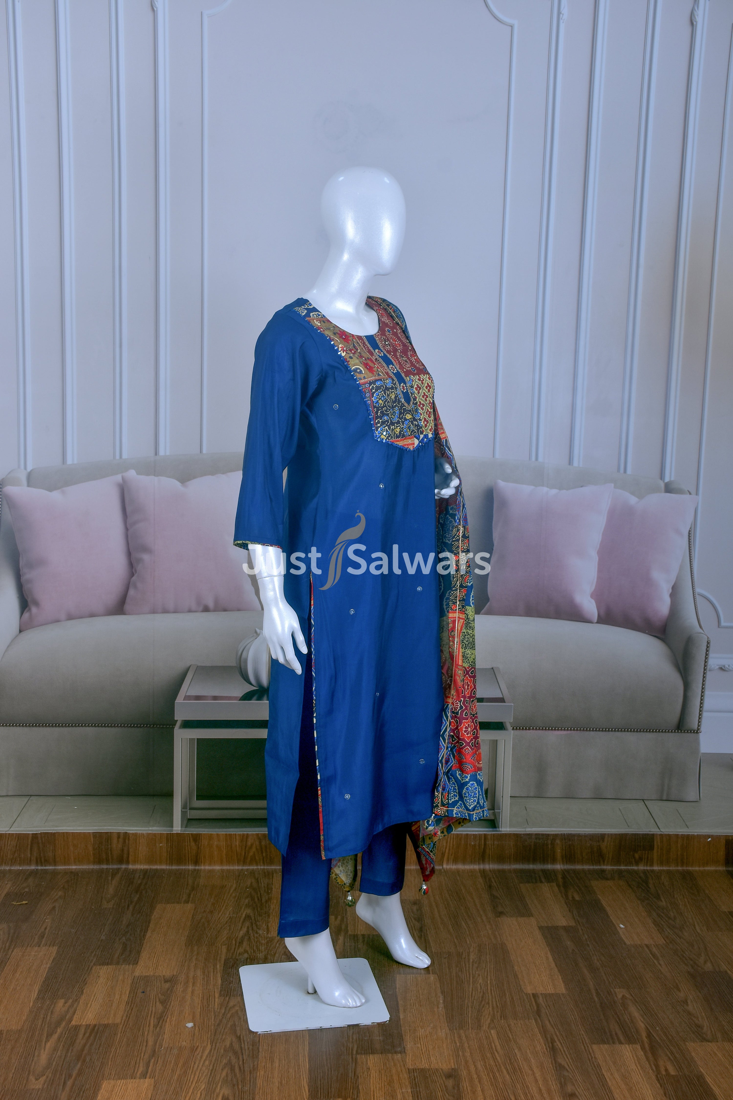 Graceful Blue Color Muslin Suit Set - Salwar Suit - Just Salwars