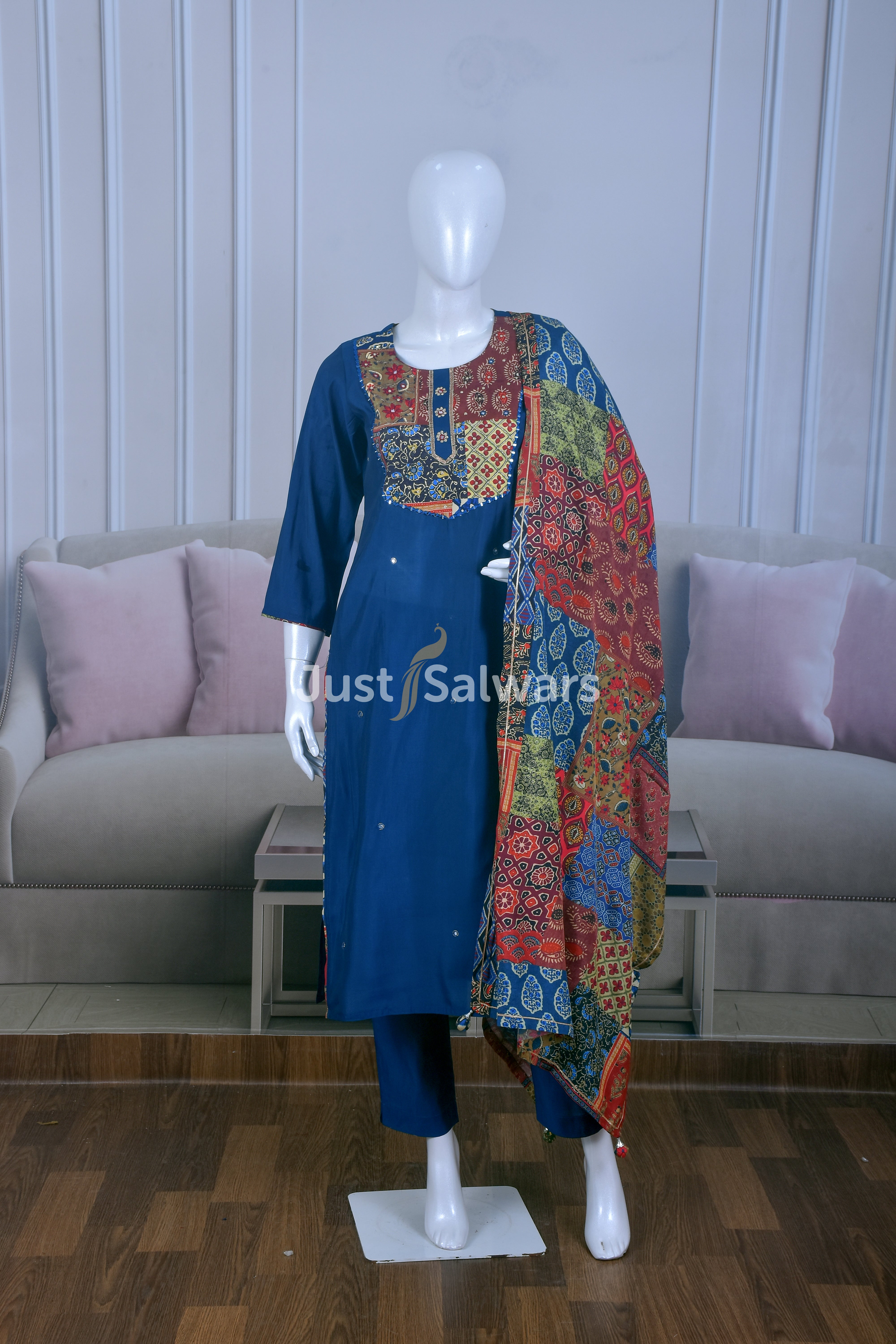 Graceful Blue Color Muslin Suit Set - Salwar Suit - Just Salwars