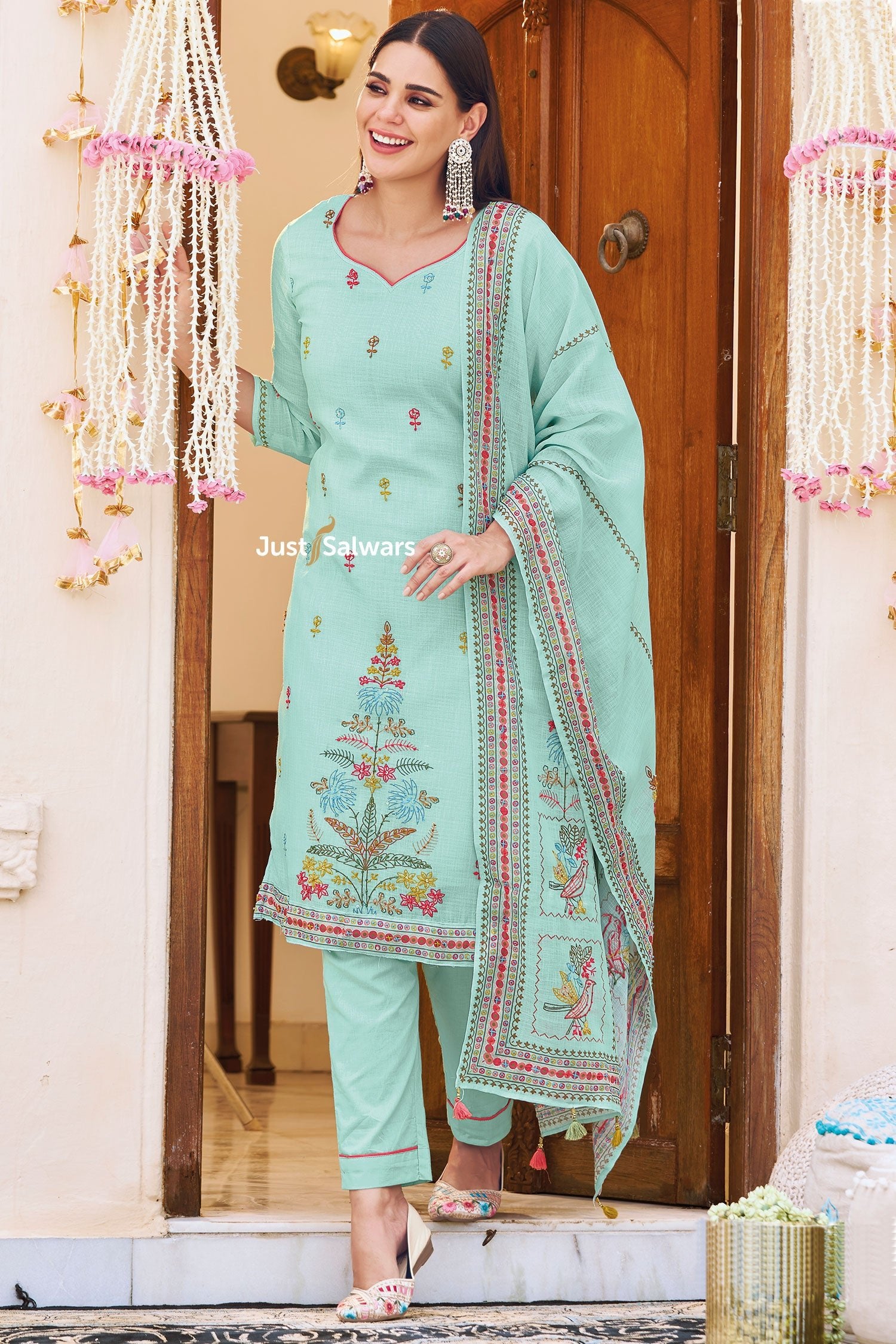 Graceful Blue Cotton Dress Material - Dress Material - Just Salwars