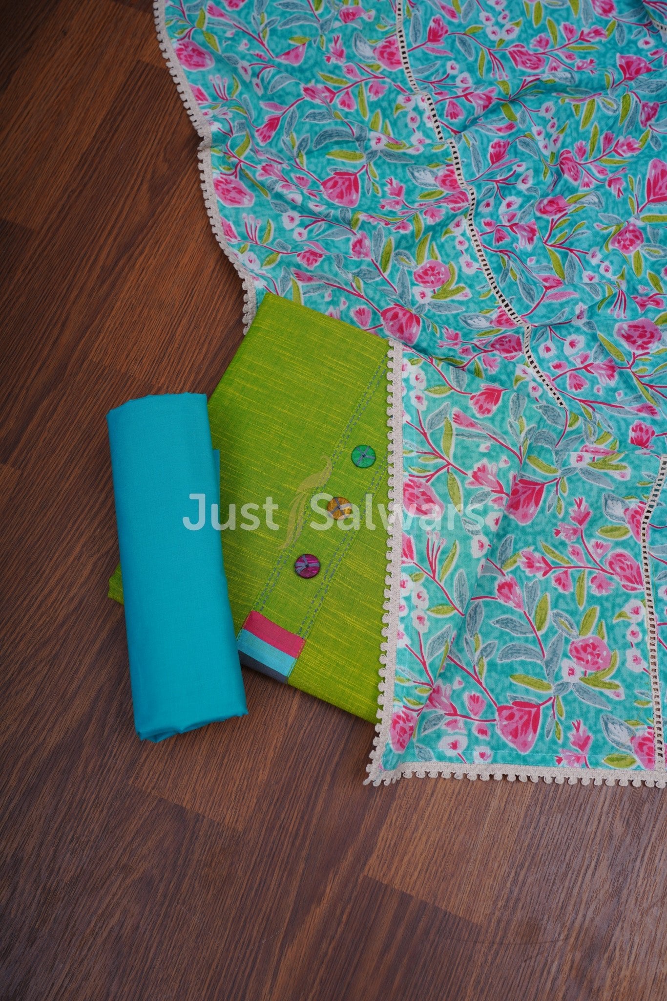 Green And Blue Color Cotton Dress Material - Dress Material - Just Salwars