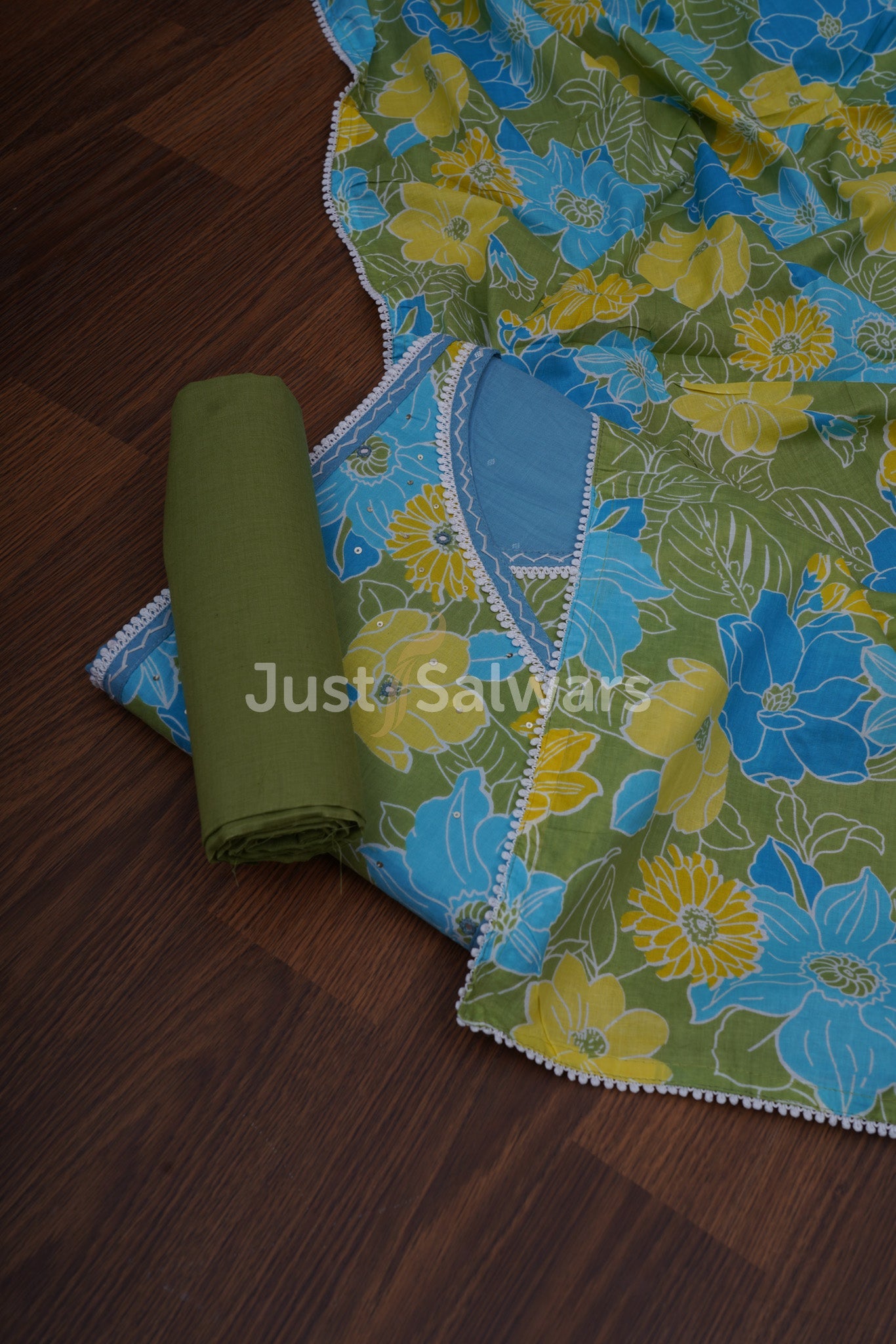 Green And Blue Colour Cotton Dress Material - Dress Material - Just Salwars