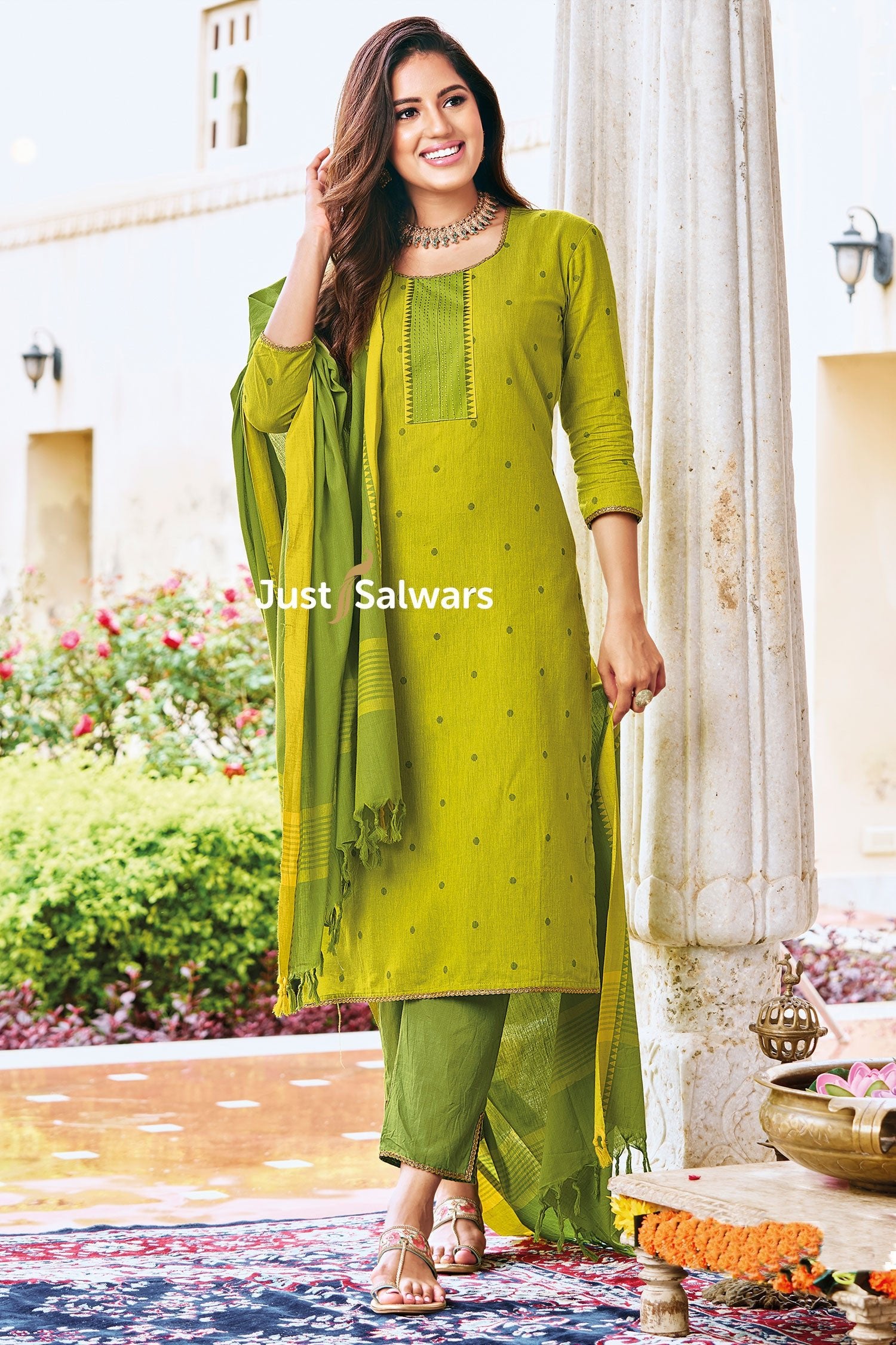 Green Color Cotton Dress Material - Dress Material - Just Salwars