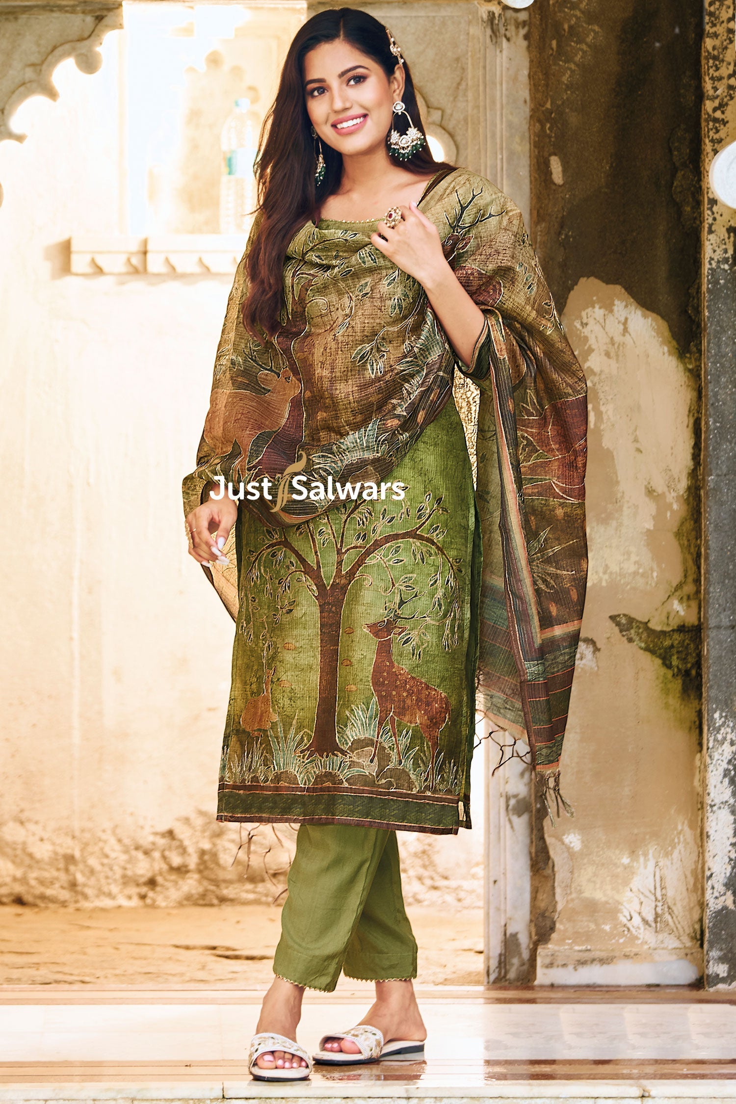 Green color Silk Cotton Dress Material - Dress Material - Just Salwars