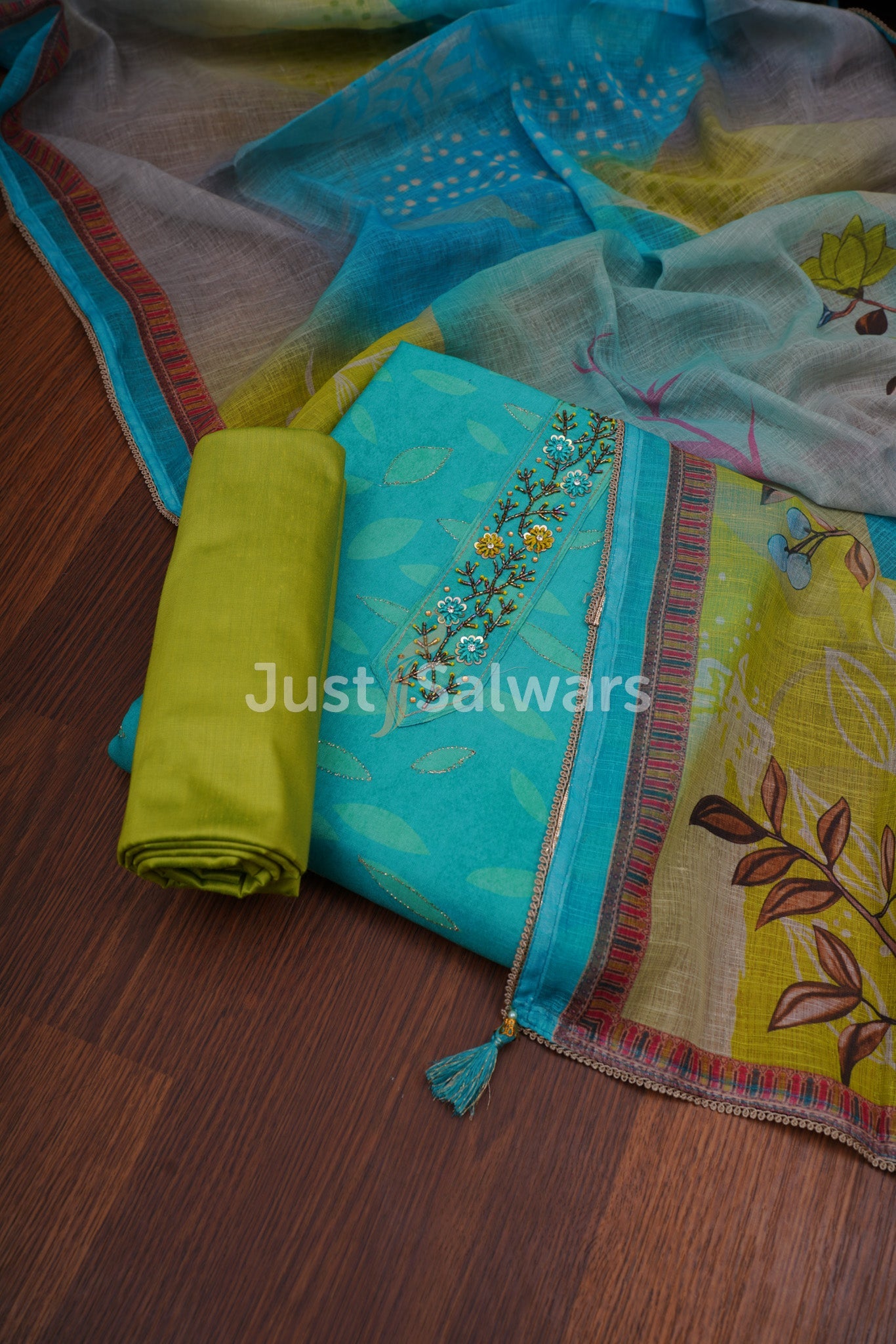 Green Colour Cotton Dress Material - Dress Material - Just Salwars