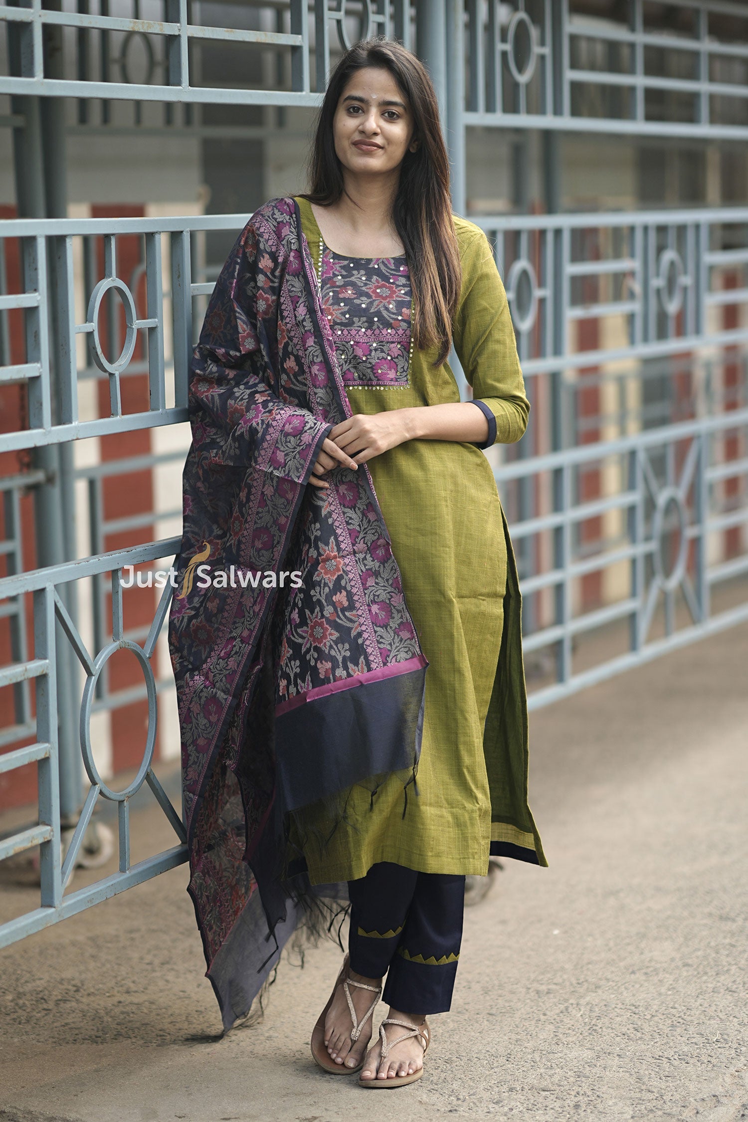 Green Colour Silk Cotton Dress Material with Handloom Dupatta – Just Salwars
